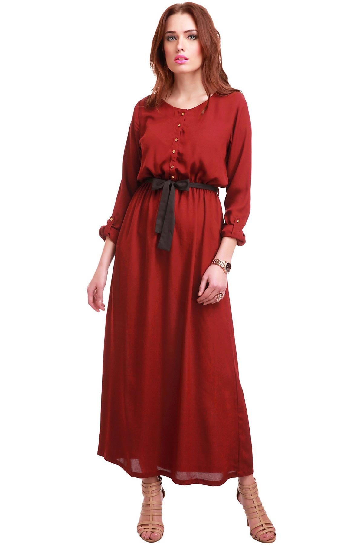 Women's Maroon Belted Maxi Dress - SASSAFRAS