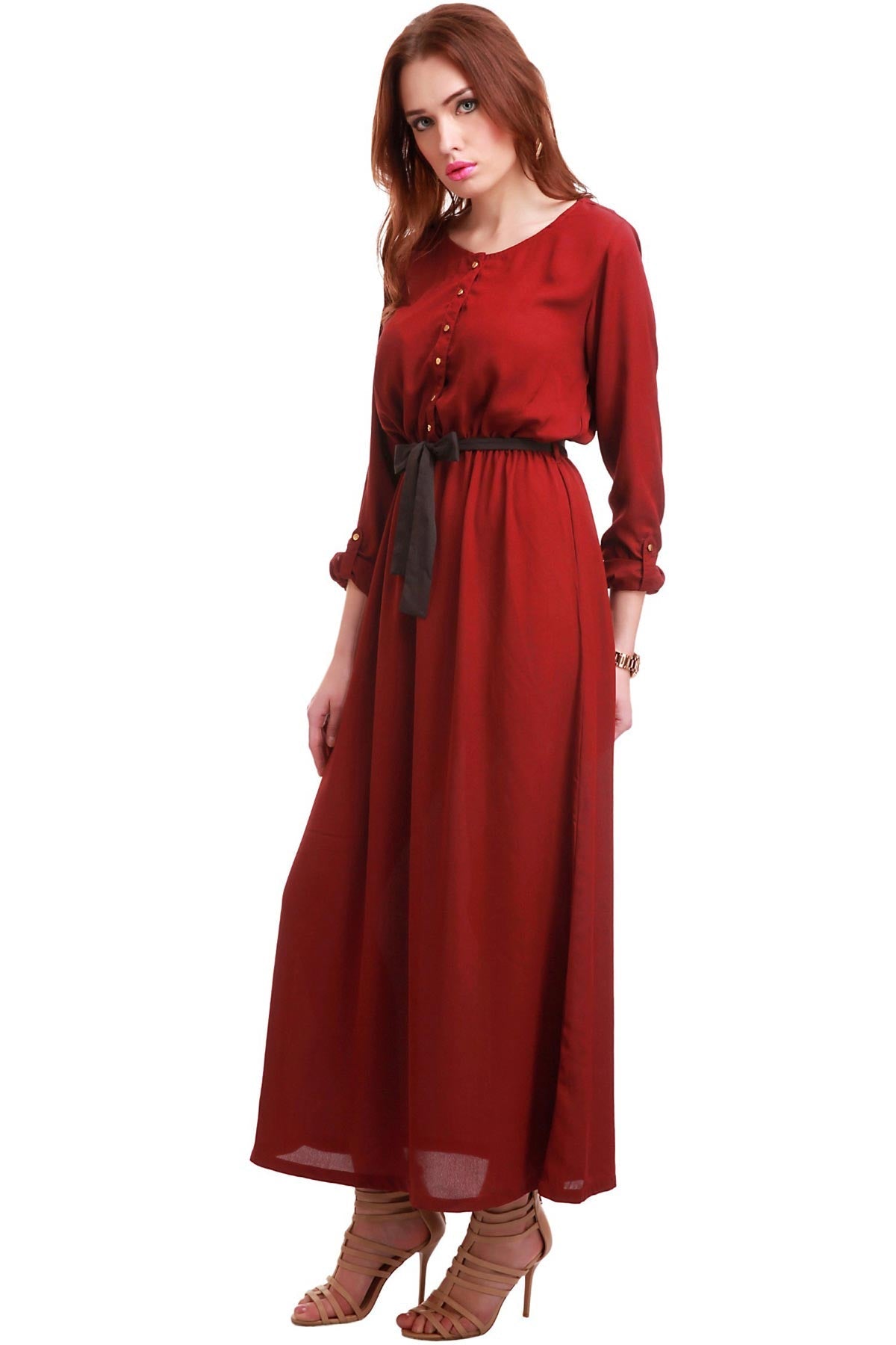 Women's Maroon Belted Maxi Dress - SASSAFRAS