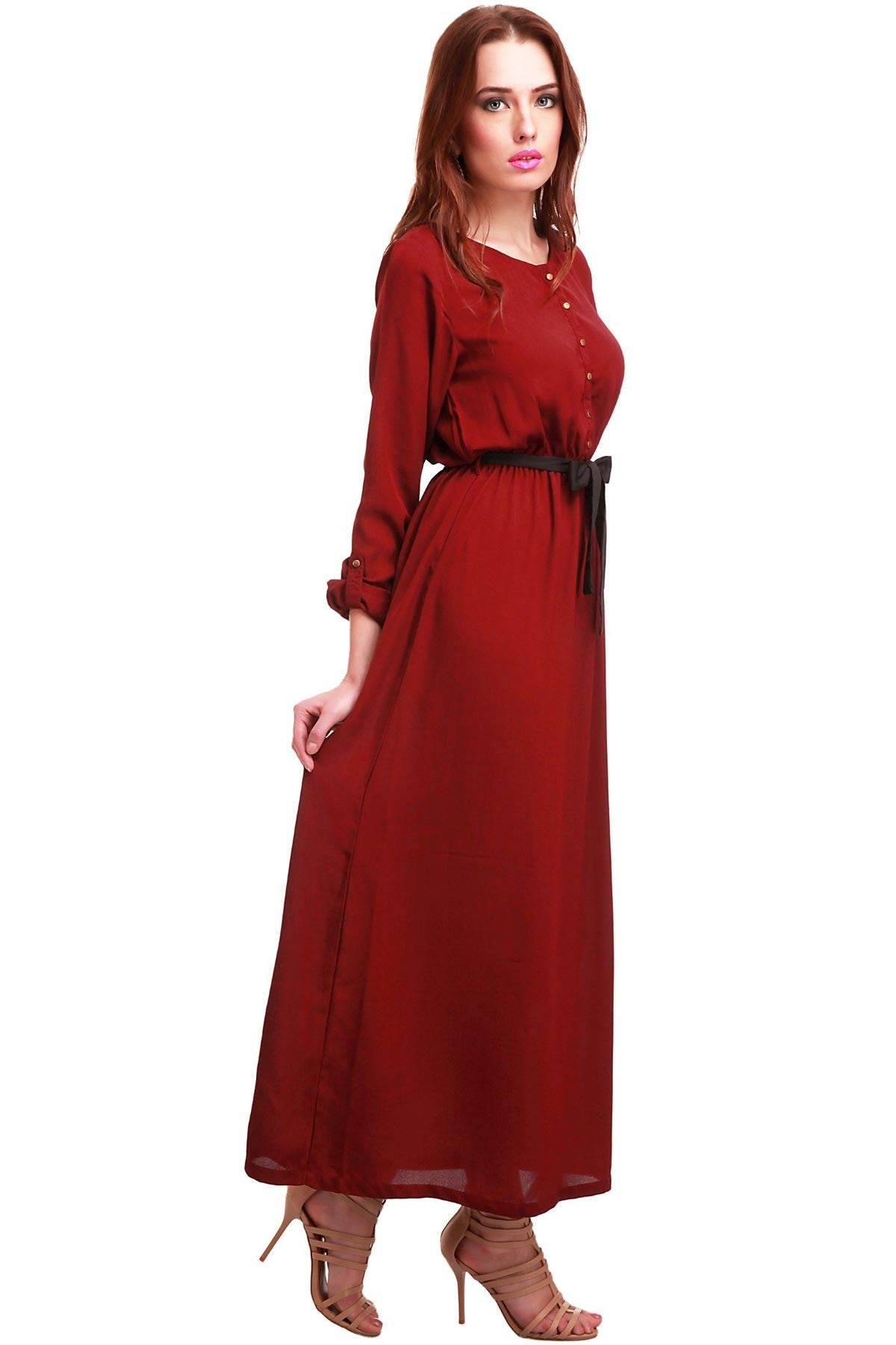 Women's Maroon Belted Maxi Dress - SASSAFRAS