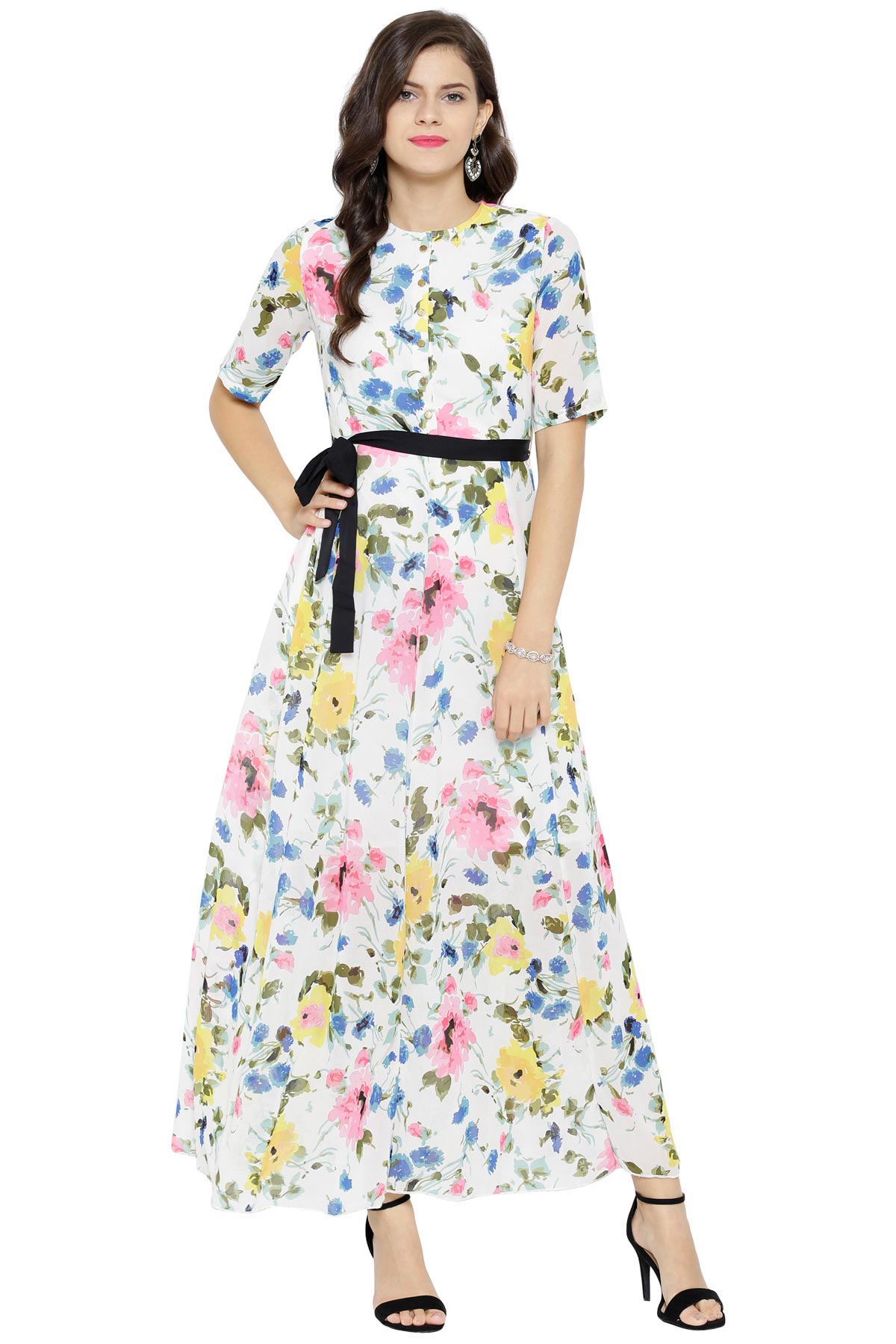 Women's White Floral Belted Maxi Dress - SASSAFRAS