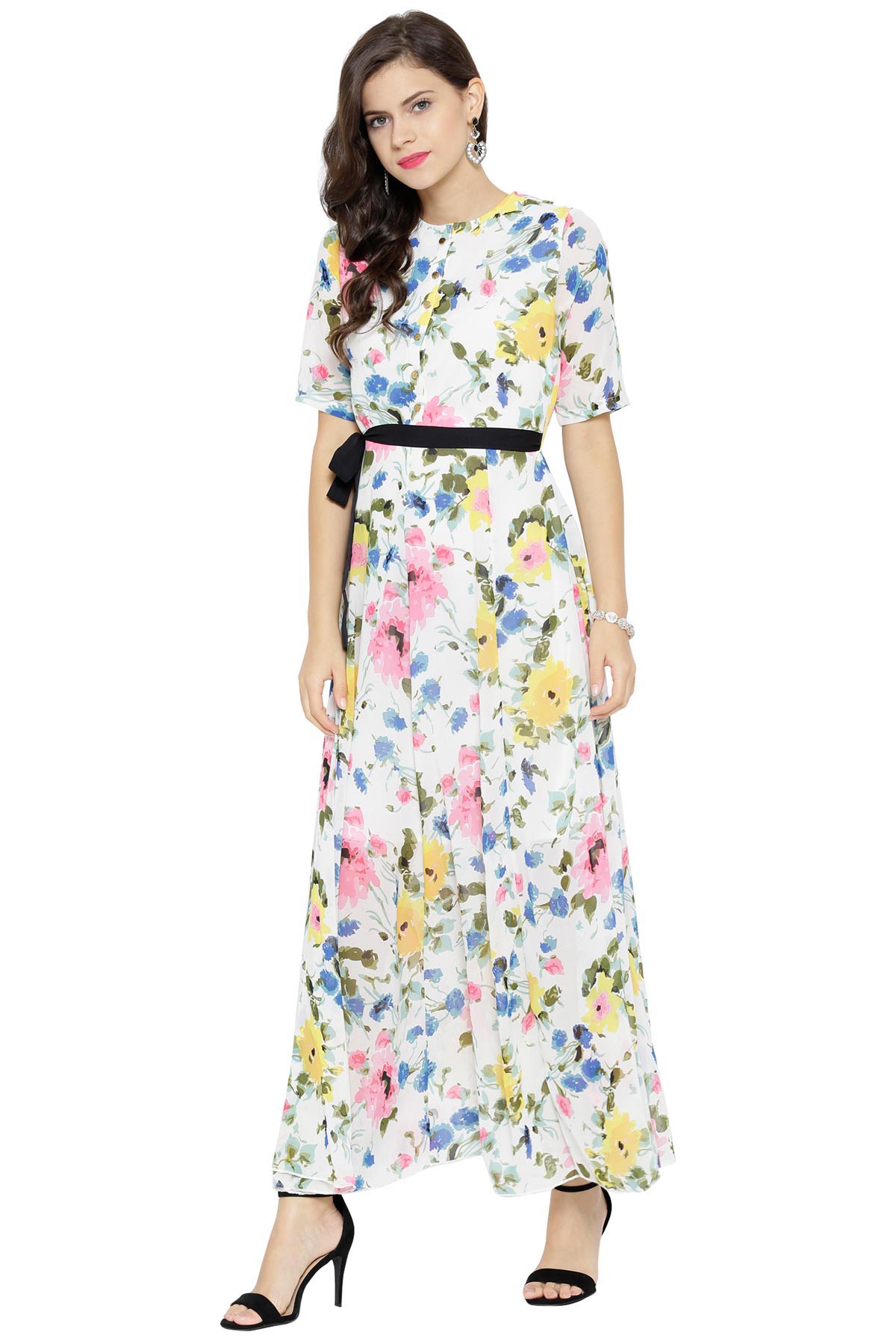 Women's White Floral Belted Maxi Dress - SASSAFRAS