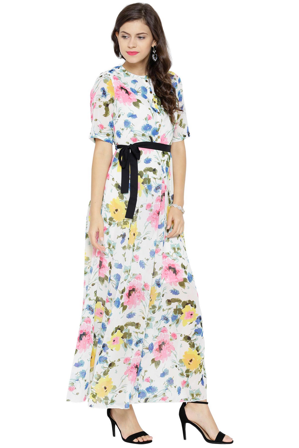 Women's White Floral Belted Maxi Dress - SASSAFRAS