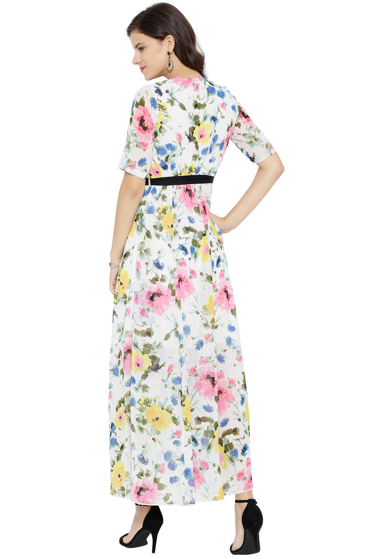 Women's White Floral Belted Maxi Dress - SASSAFRAS