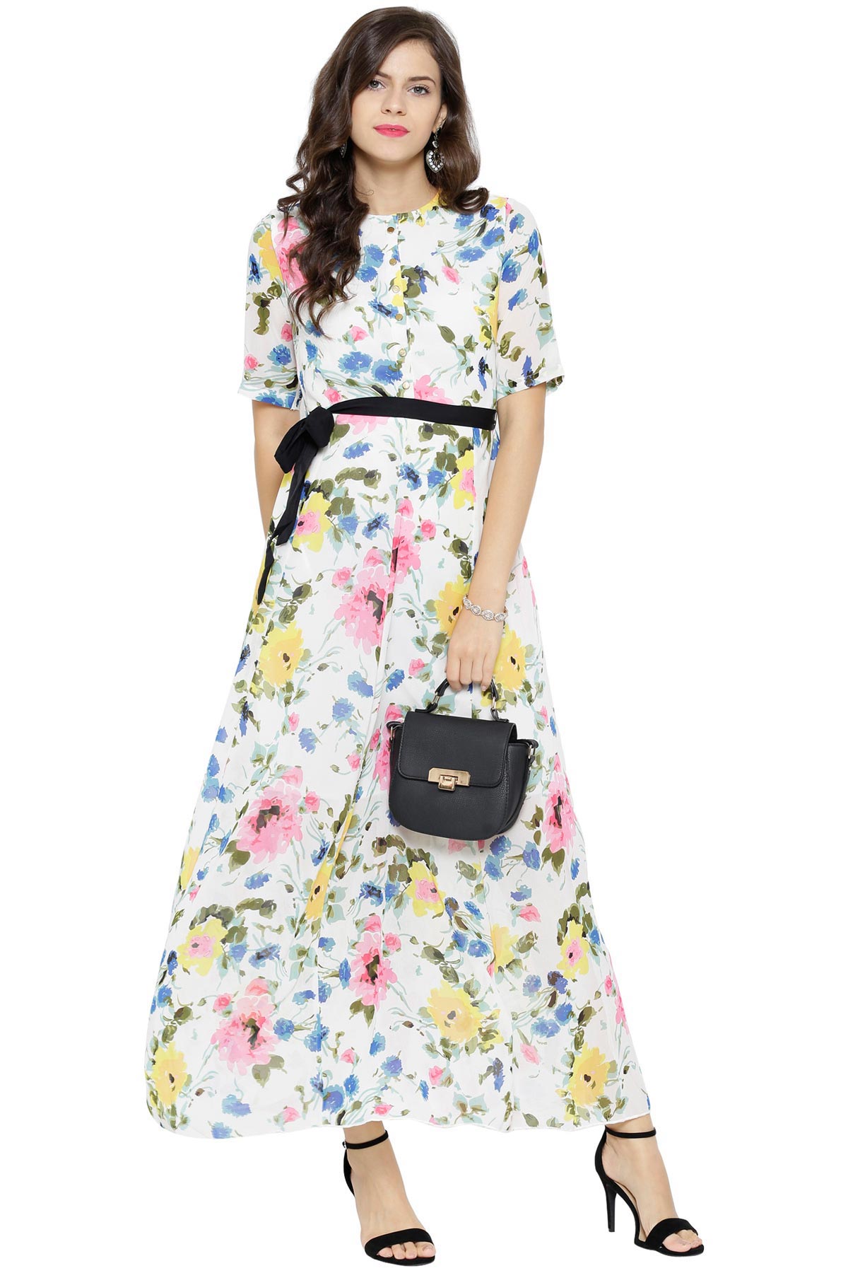 Women's White Floral Belted Maxi Dress - SASSAFRAS