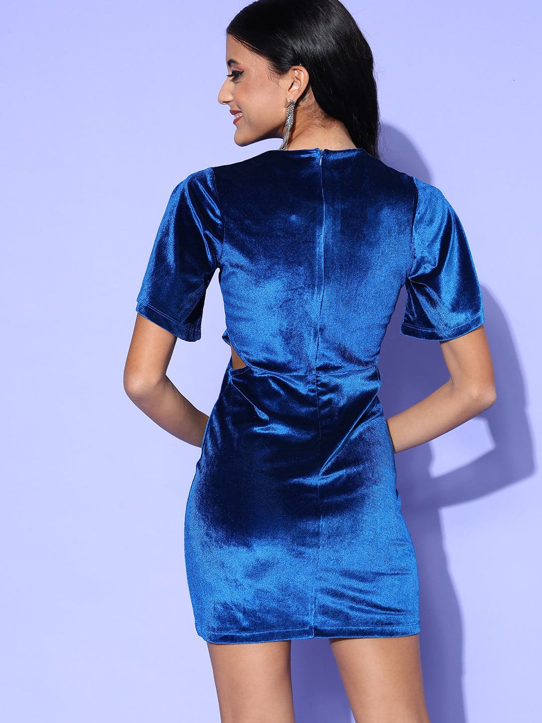 Women's Blue Velvet Side Cut-Out Bodycon Mini Dress - Lyush