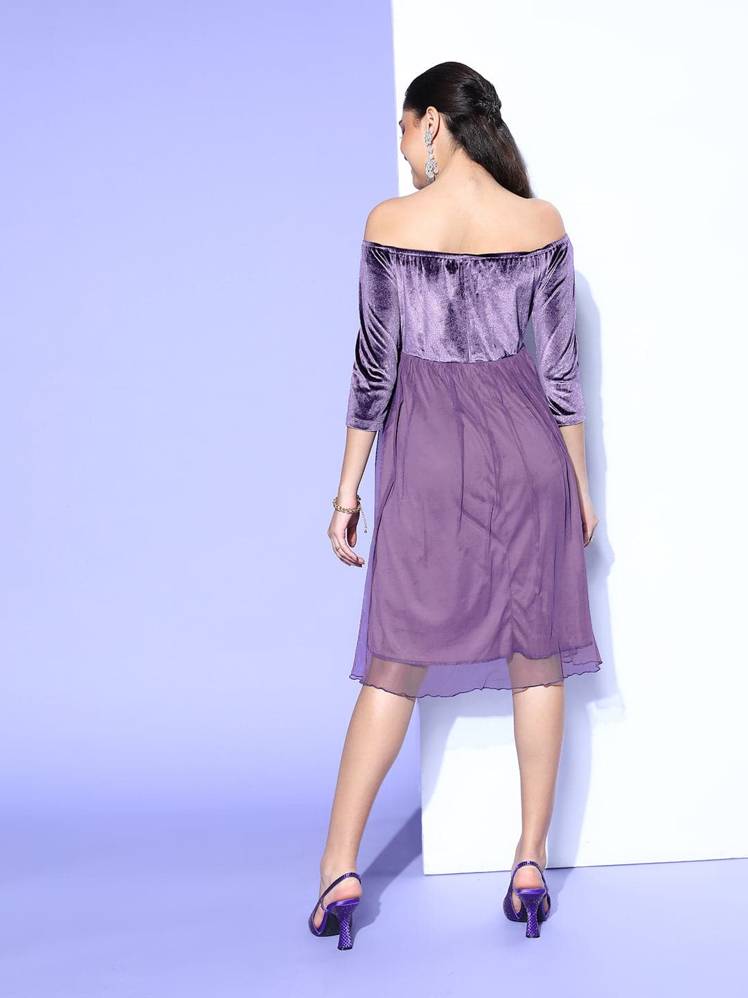 Women's Purple Velvet Off Shoulder Midi Dress - Lyush