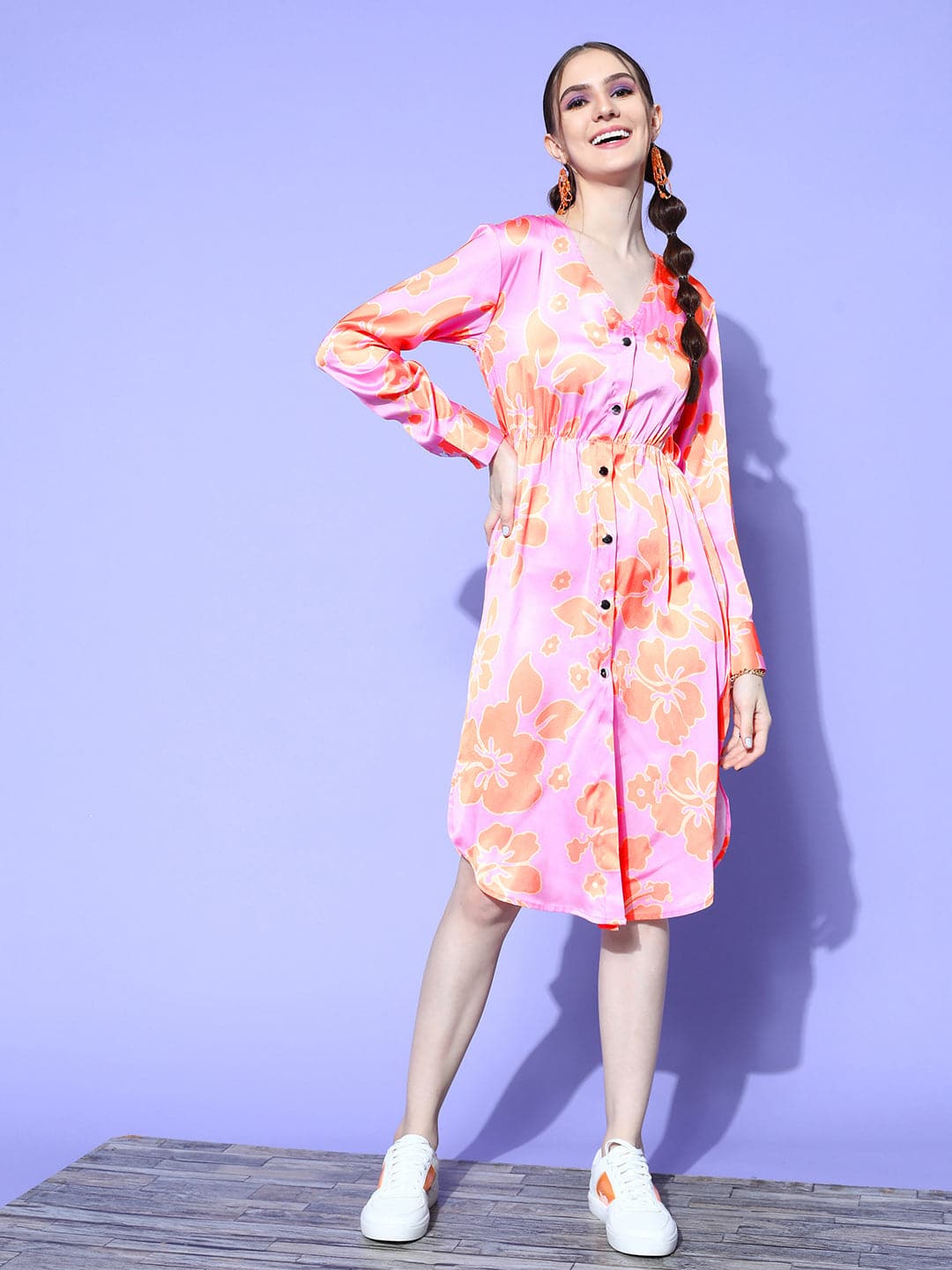 Women's Pink Satin Floral Midi Shirt Dress - Lyush