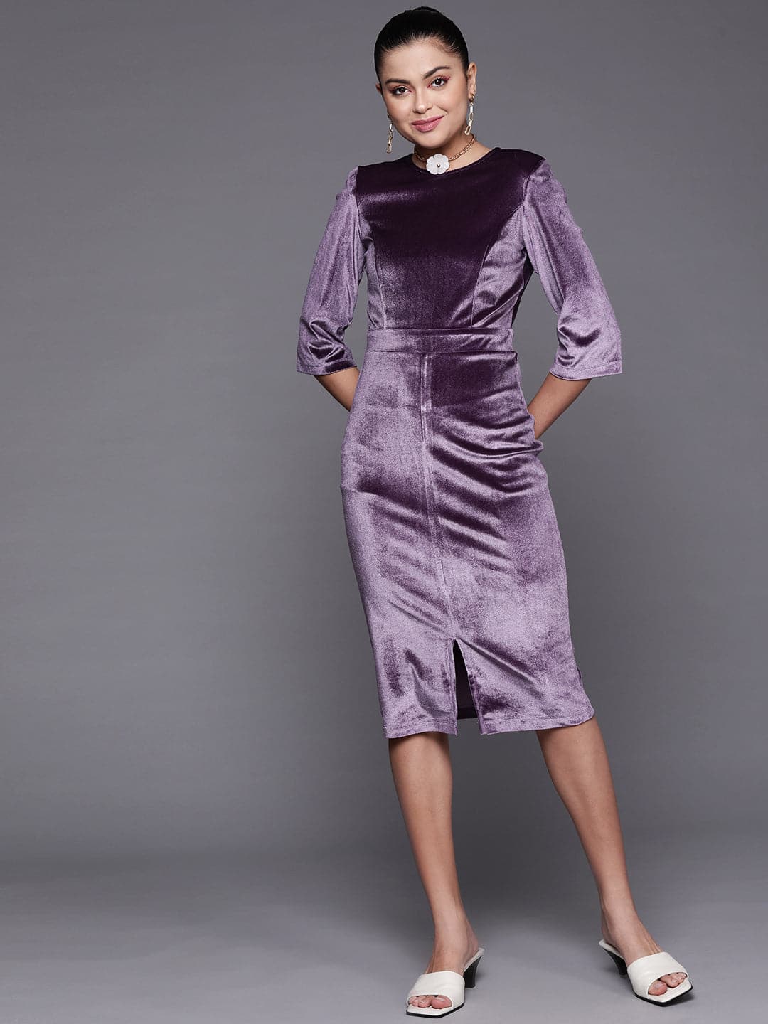 Women's Purple Velvet Front Slit Bodycon Midi Dress - Lyush