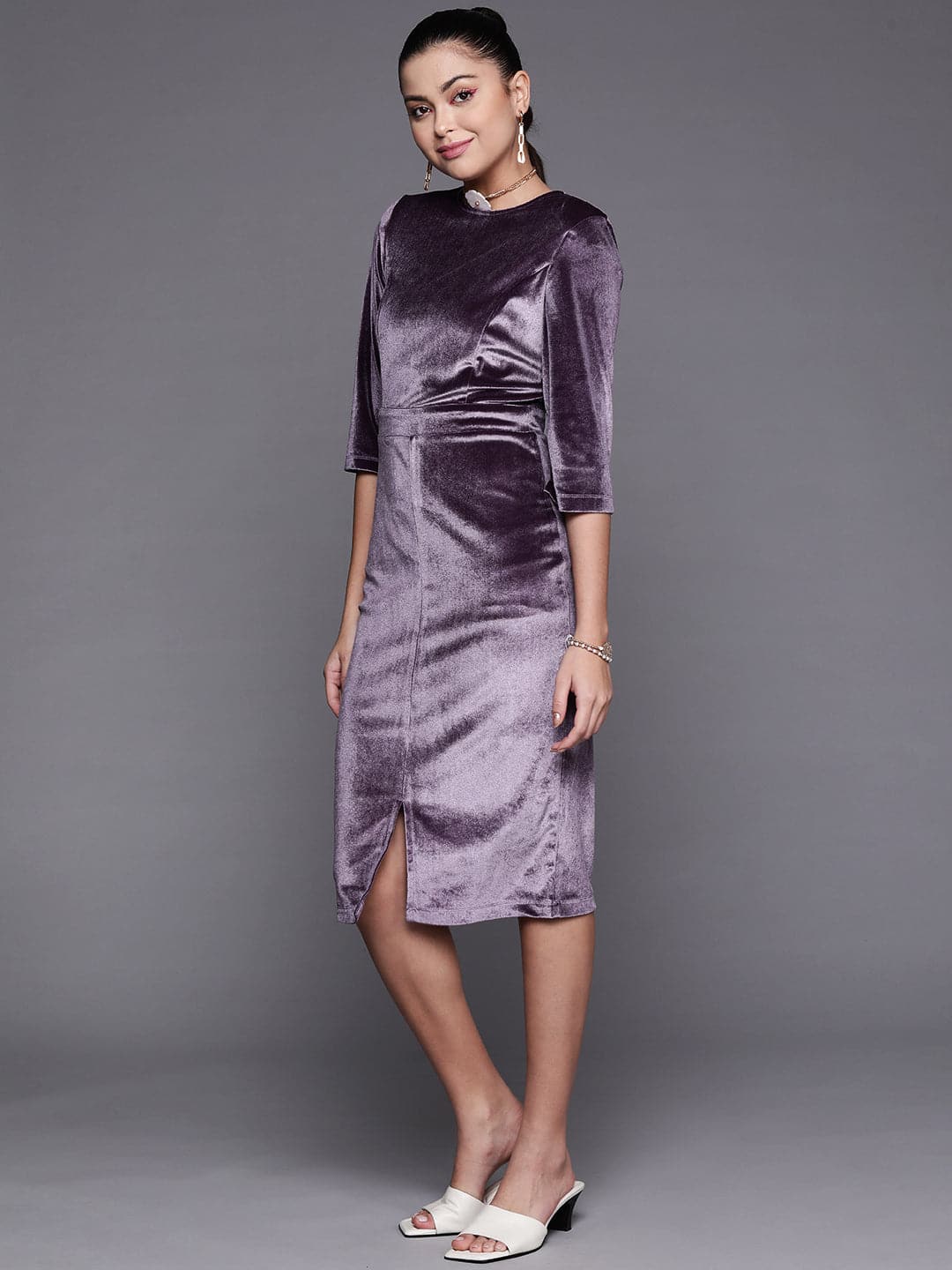 Women's Purple Velvet Front Slit Bodycon Midi Dress - Lyush