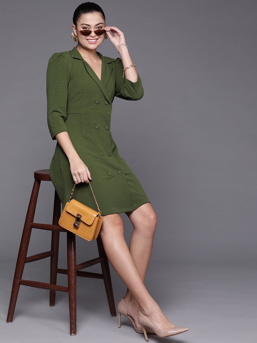 Women's Olive Shimmer Double Breasted Blazer Dress - Lyush