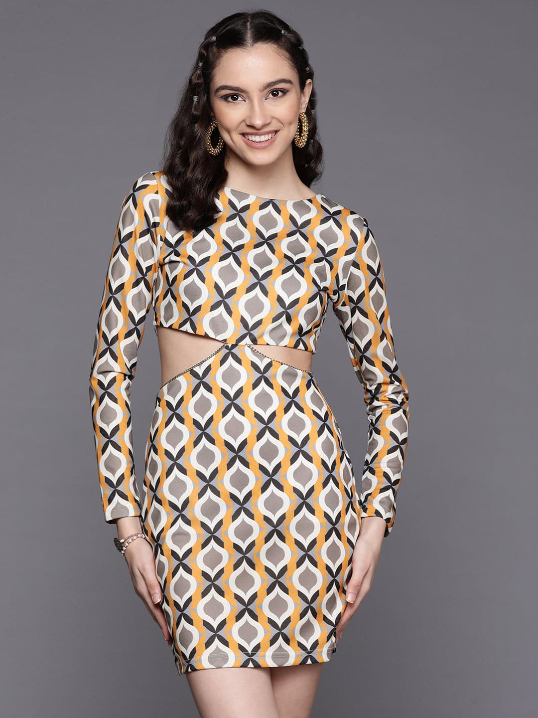 Women's Mustard Geometric Side Cut Out Dress - Lyush