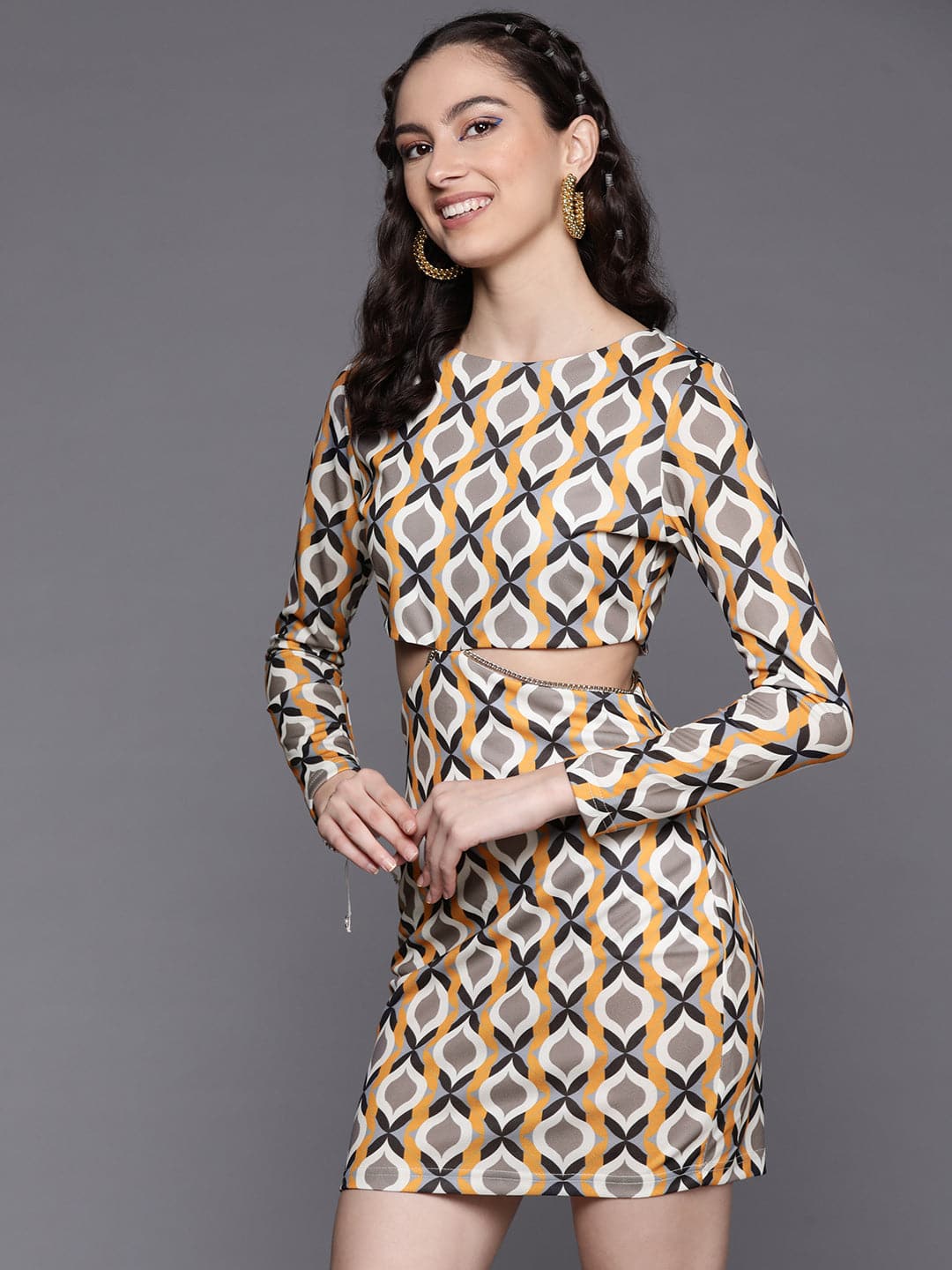 Women's Mustard Geometric Side Cut Out Dress - Lyush