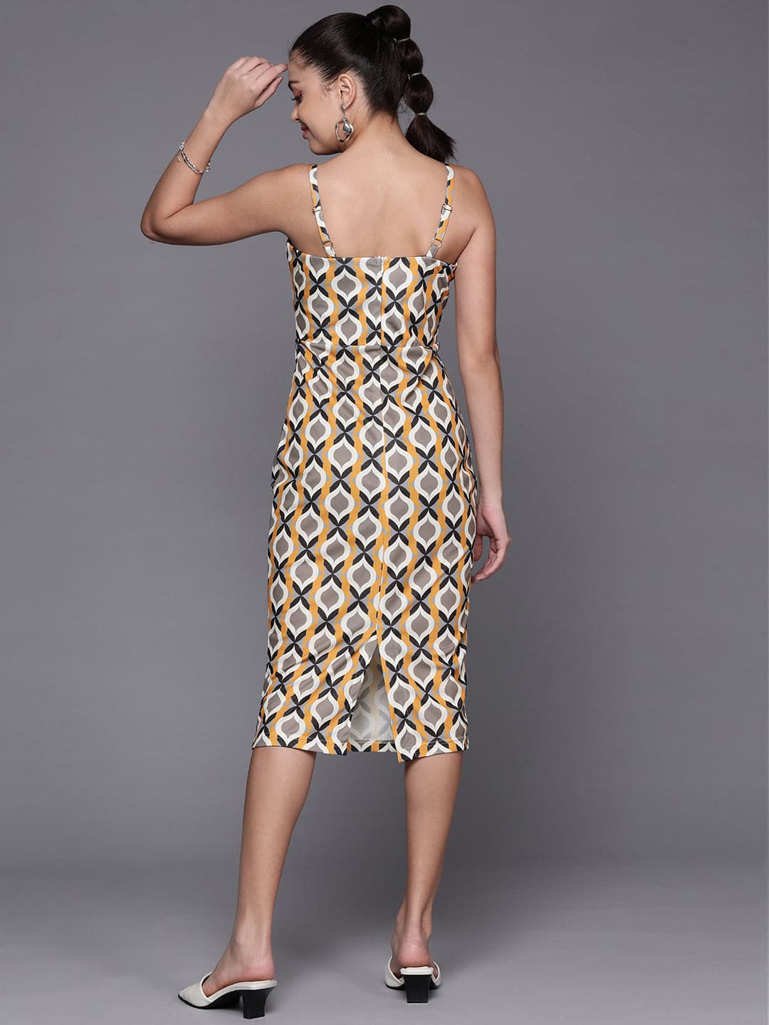 Women's Mustard Geometric Corset Bodycon Dress - Lyush