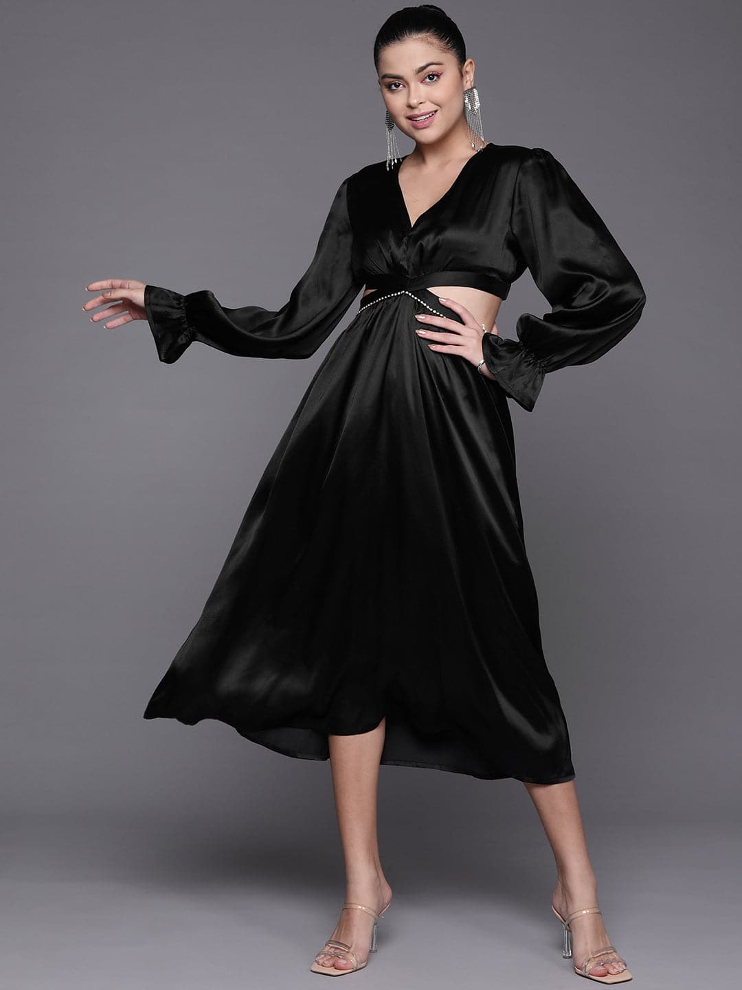 Women's Black Satin Cut Out Midi Dress - Lyush