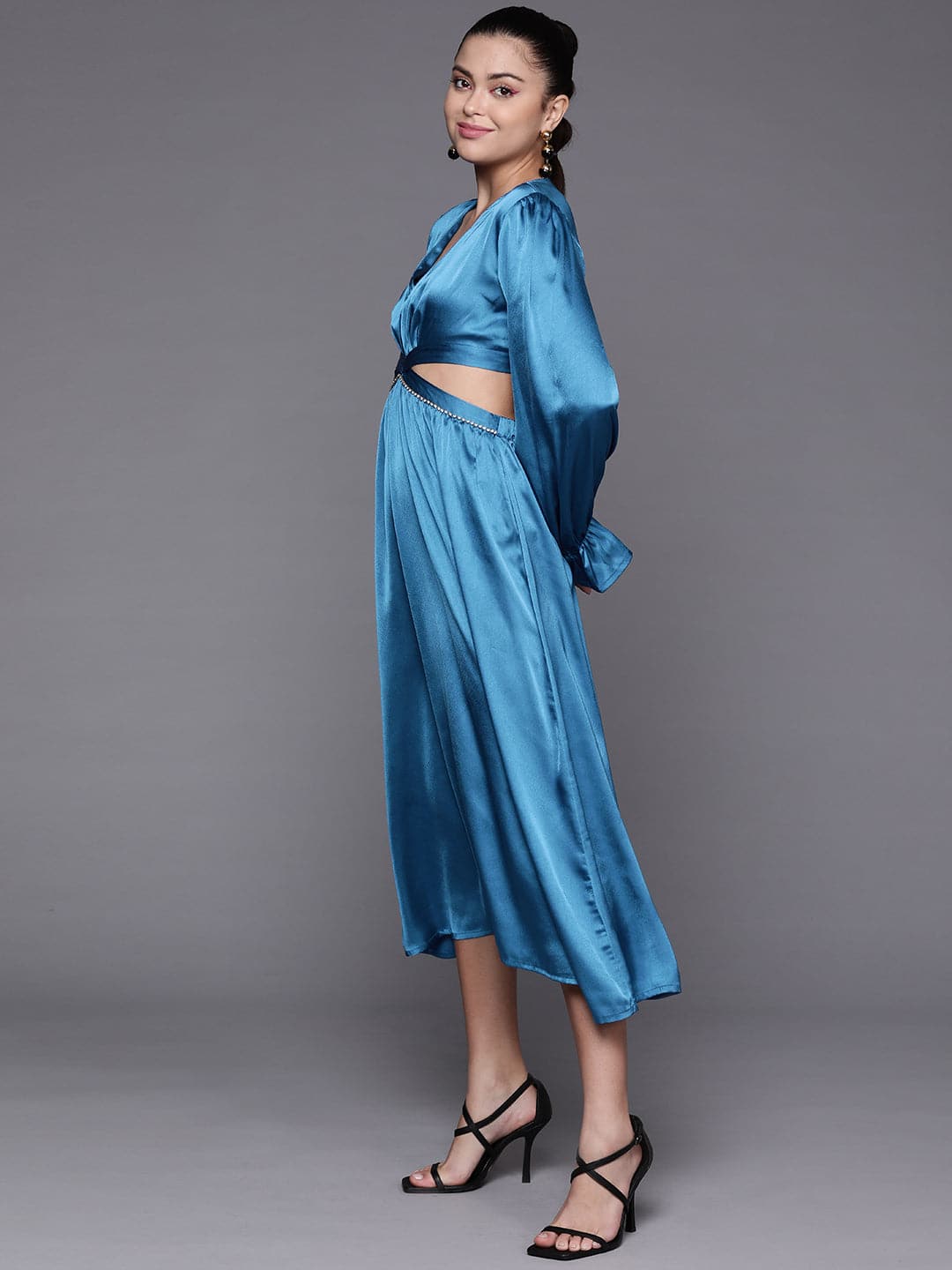 Women's Blue Satin Cut Out Midi Dress - Lyush