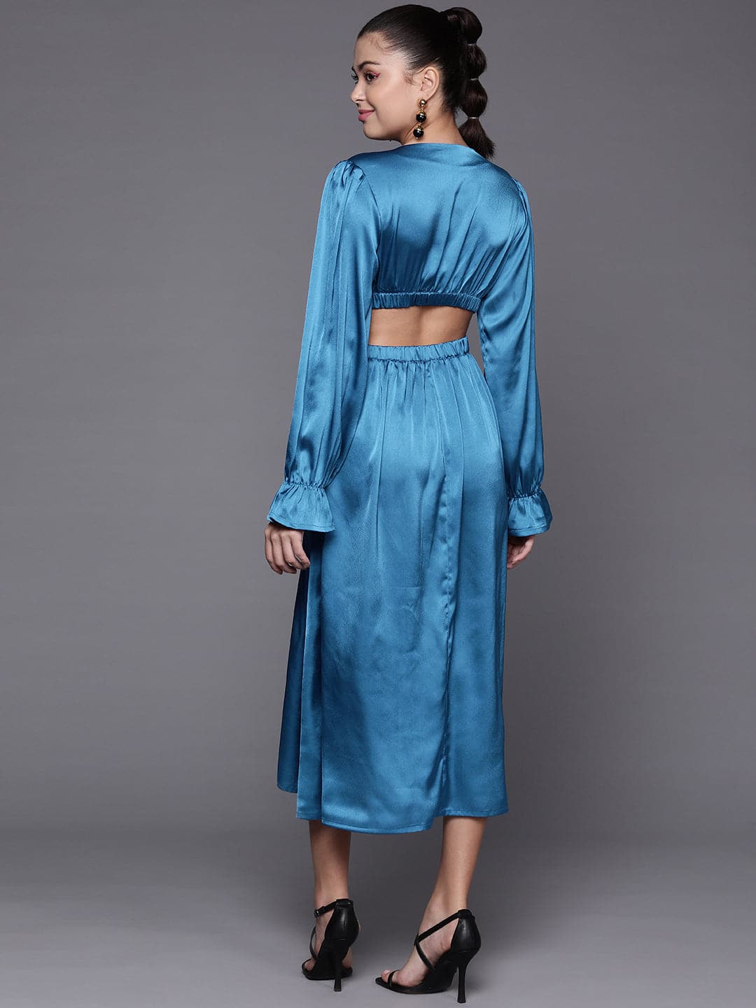 Women's Blue Satin Cut Out Midi Dress - Lyush