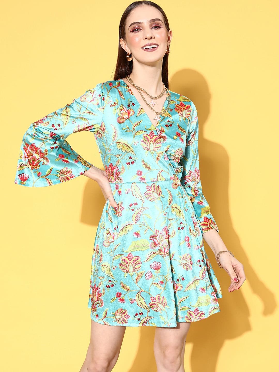 Women's Turquoise Floral Velvet Wrap Skater Dress - Lyush