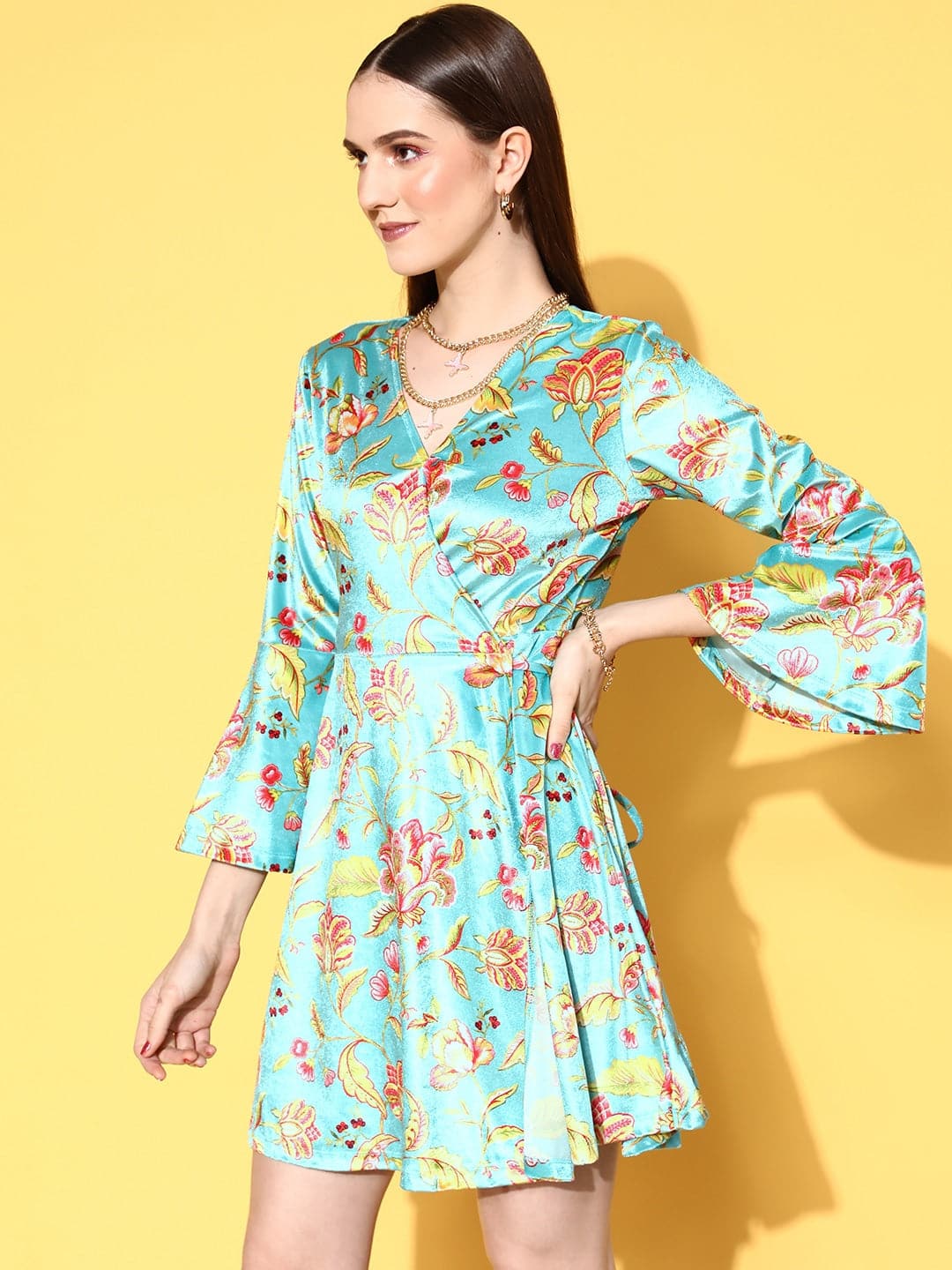 Women's Turquoise Floral Velvet Wrap Skater Dress - Lyush
