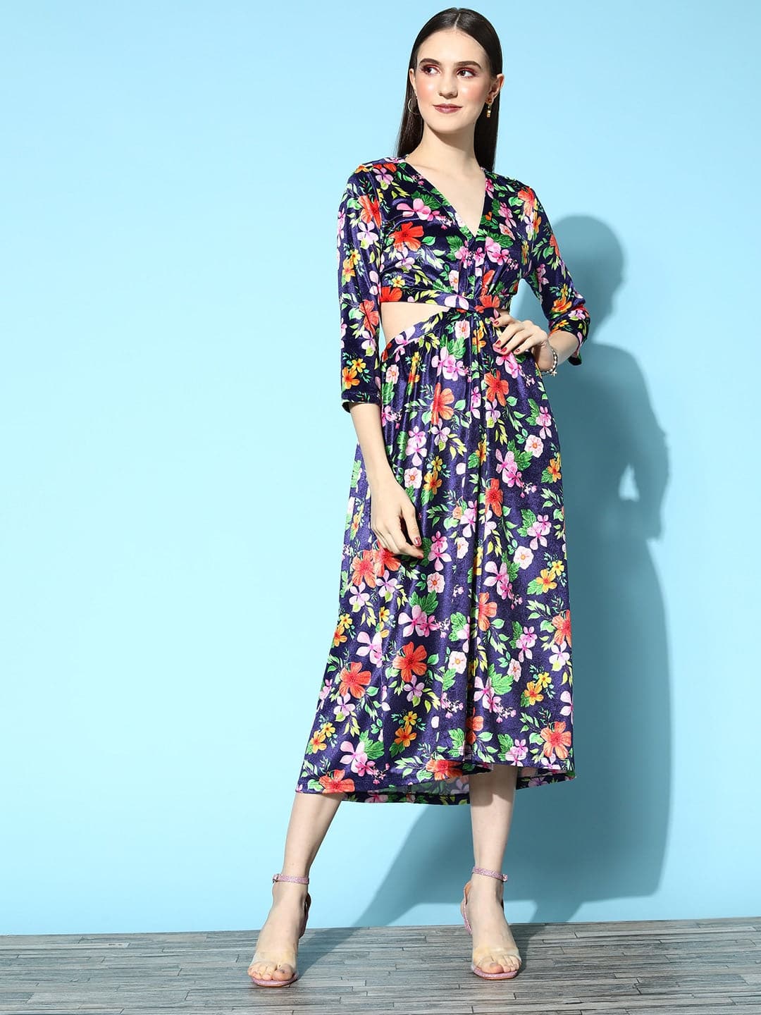 Women's Navy Floral Velvet Side Cut-Out Midi Dress - Lyush