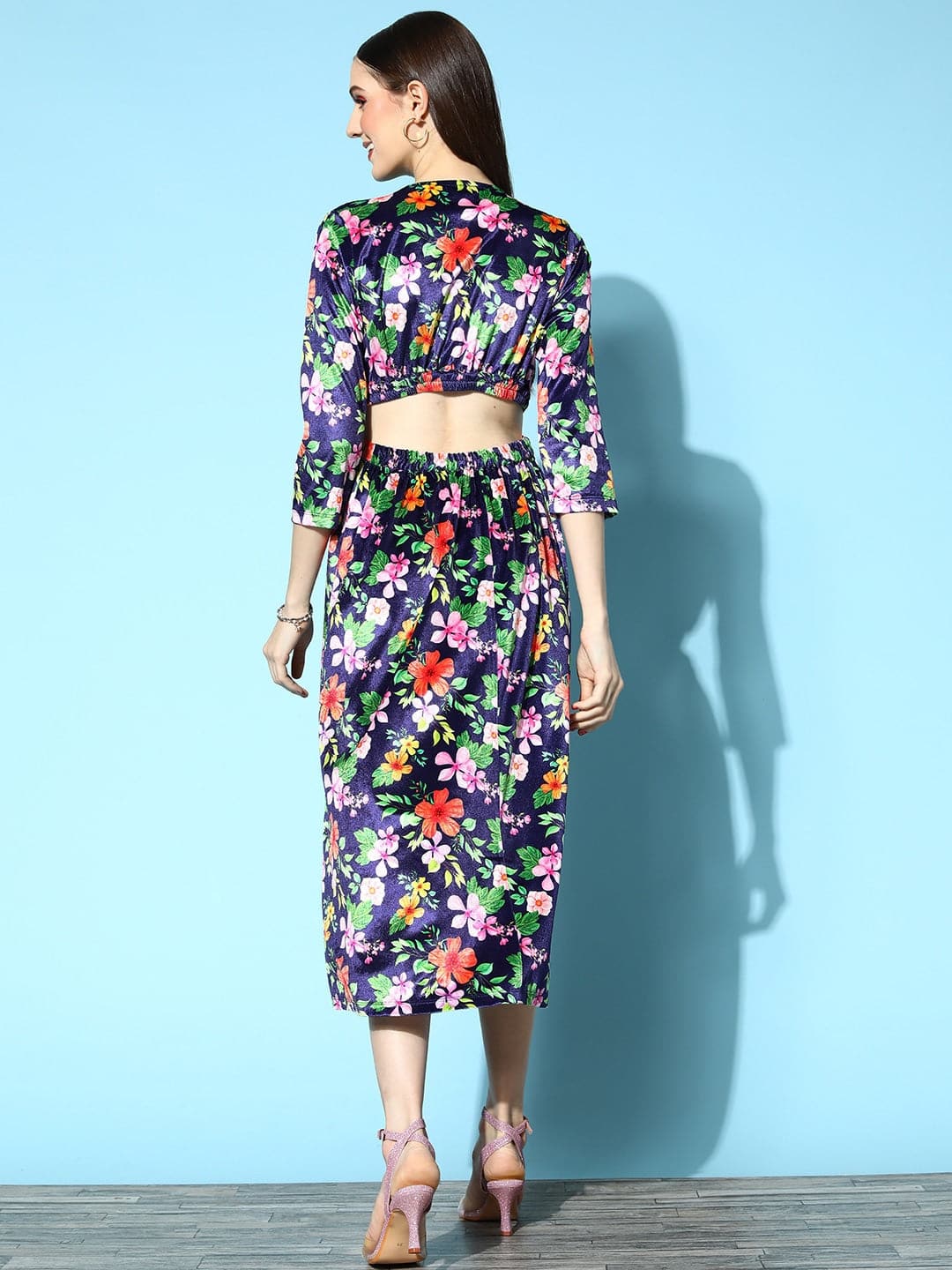 Women's Navy Floral Velvet Side Cut-Out Midi Dress - Lyush