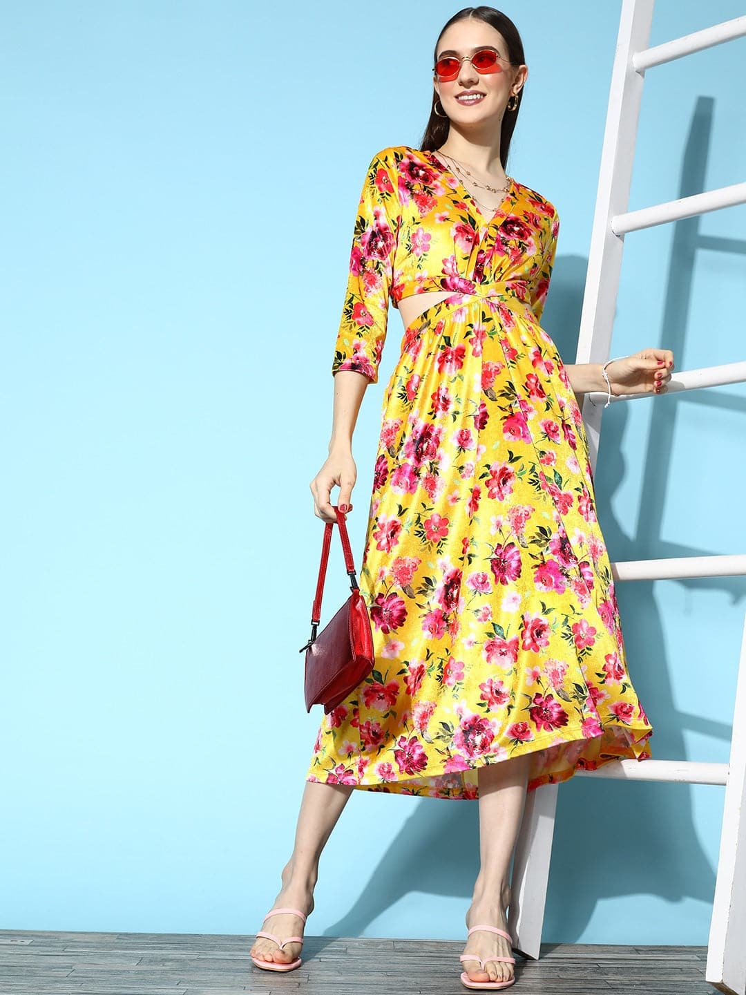 Women's Yellow Floral Velvet Side Cut-Out Midi Dress - Lyush
