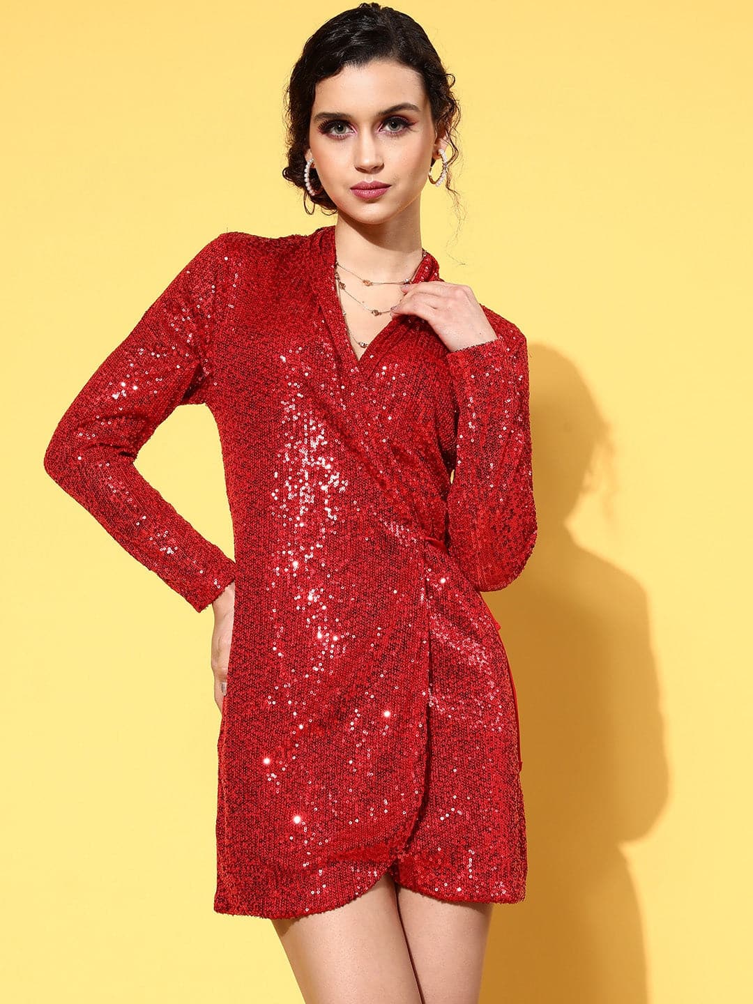 Women's Red Sequin Wrap Mini Dress - Lyush