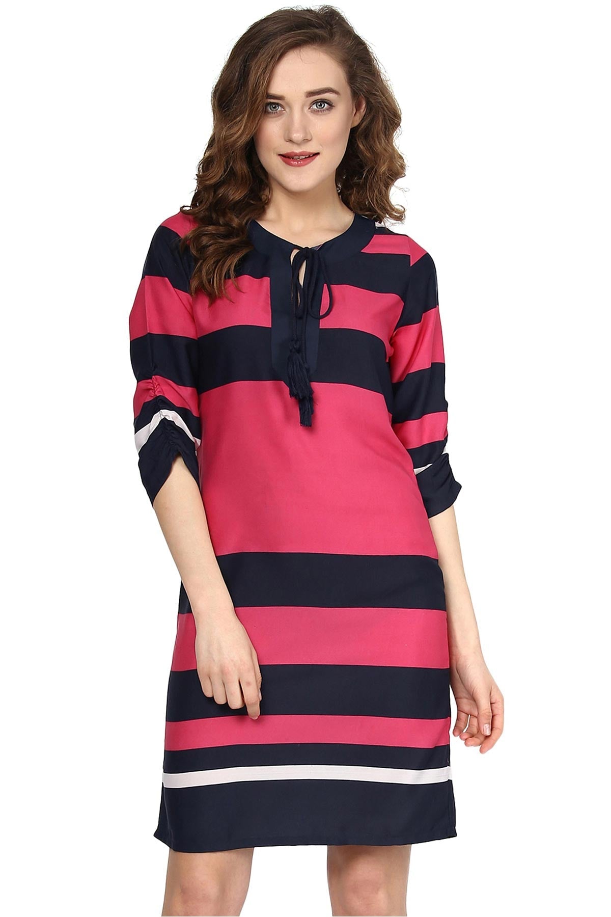 Women's Pink & Navy Striped Dress With Tie Up - SASSAFRAS