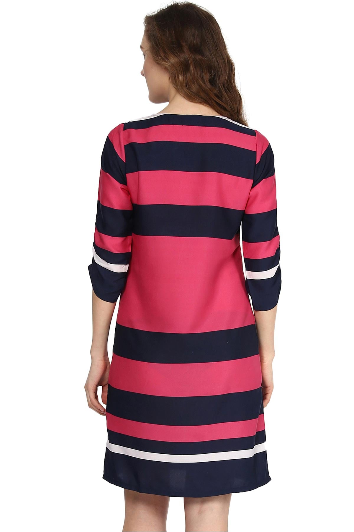 Women's Pink & Navy Striped Dress With Tie Up - SASSAFRAS