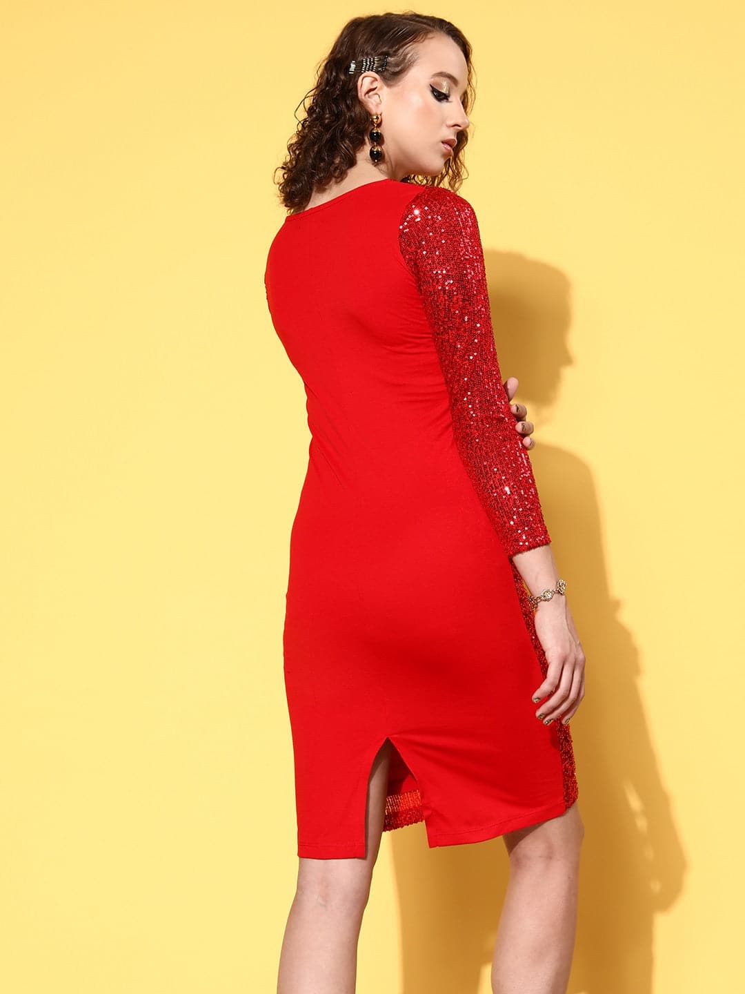 Women's Red Sequin Bodycon Midi Dress - Lyush
