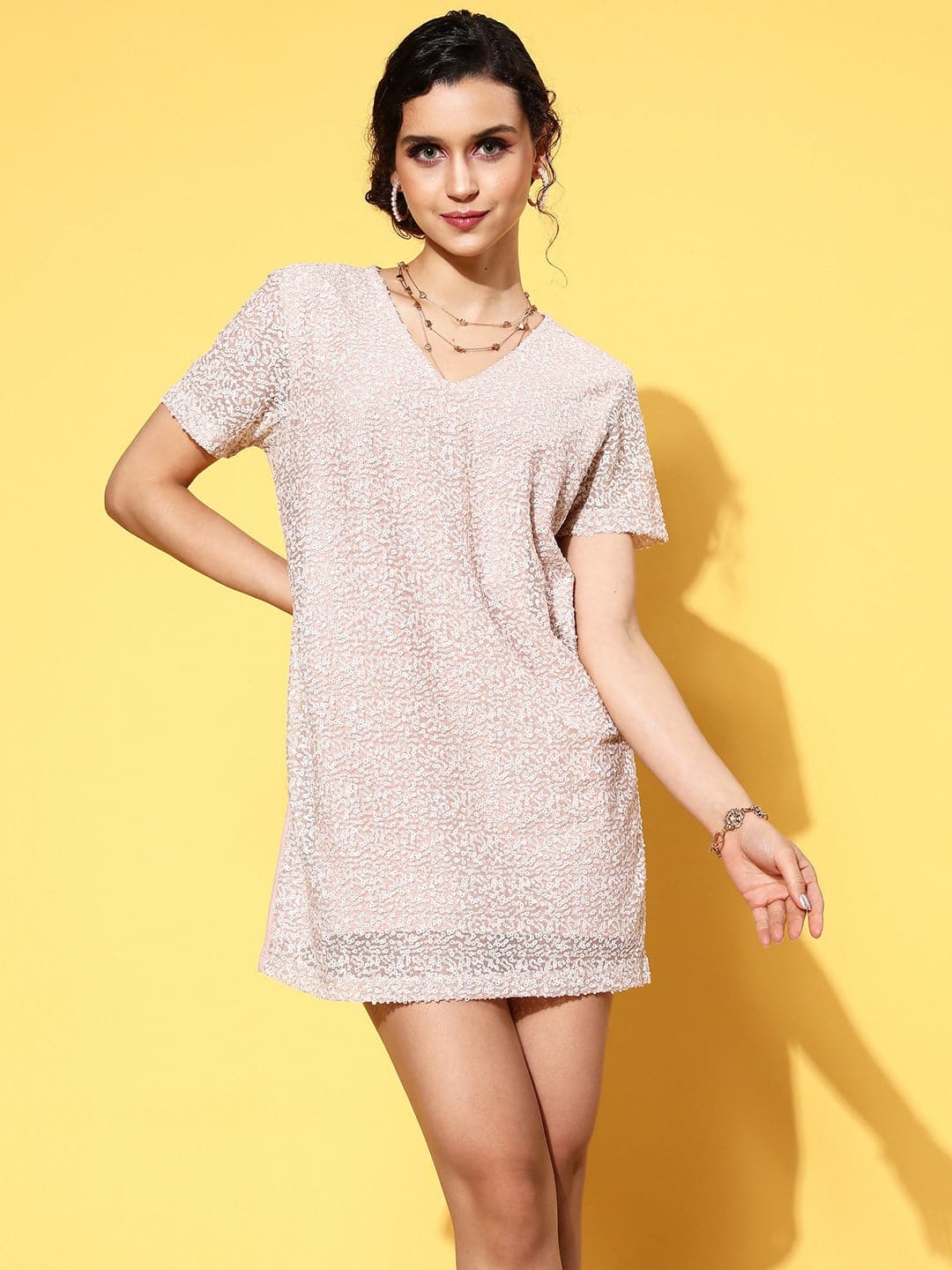Women's Cream Sequins V-Neck T-Shirt Dress - Lyush