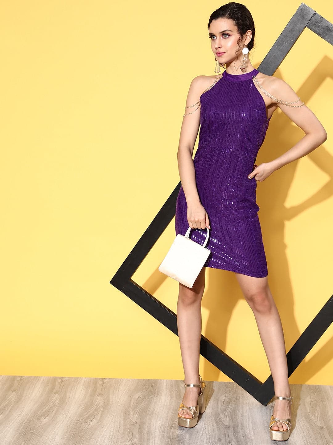 Women's Purple Sequins Short Halter Neck Dress - Lyush