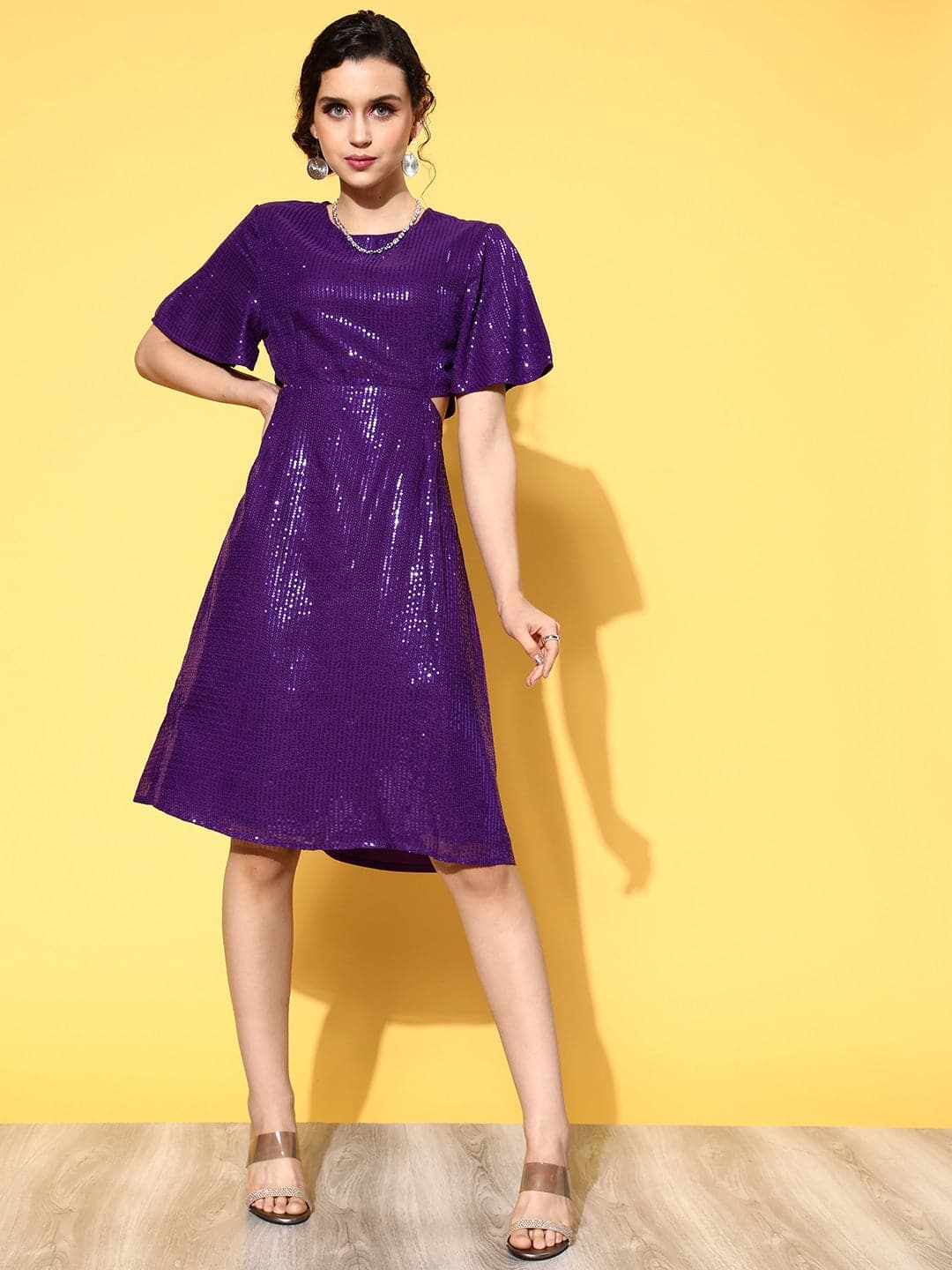 Women's Purple Sequins Side Cut Out Midi Dress - Lyush