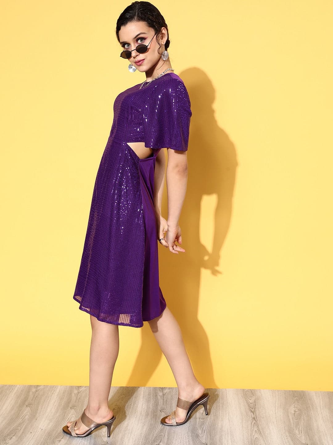 Women's Purple Sequins Side Cut Out Midi Dress - Lyush