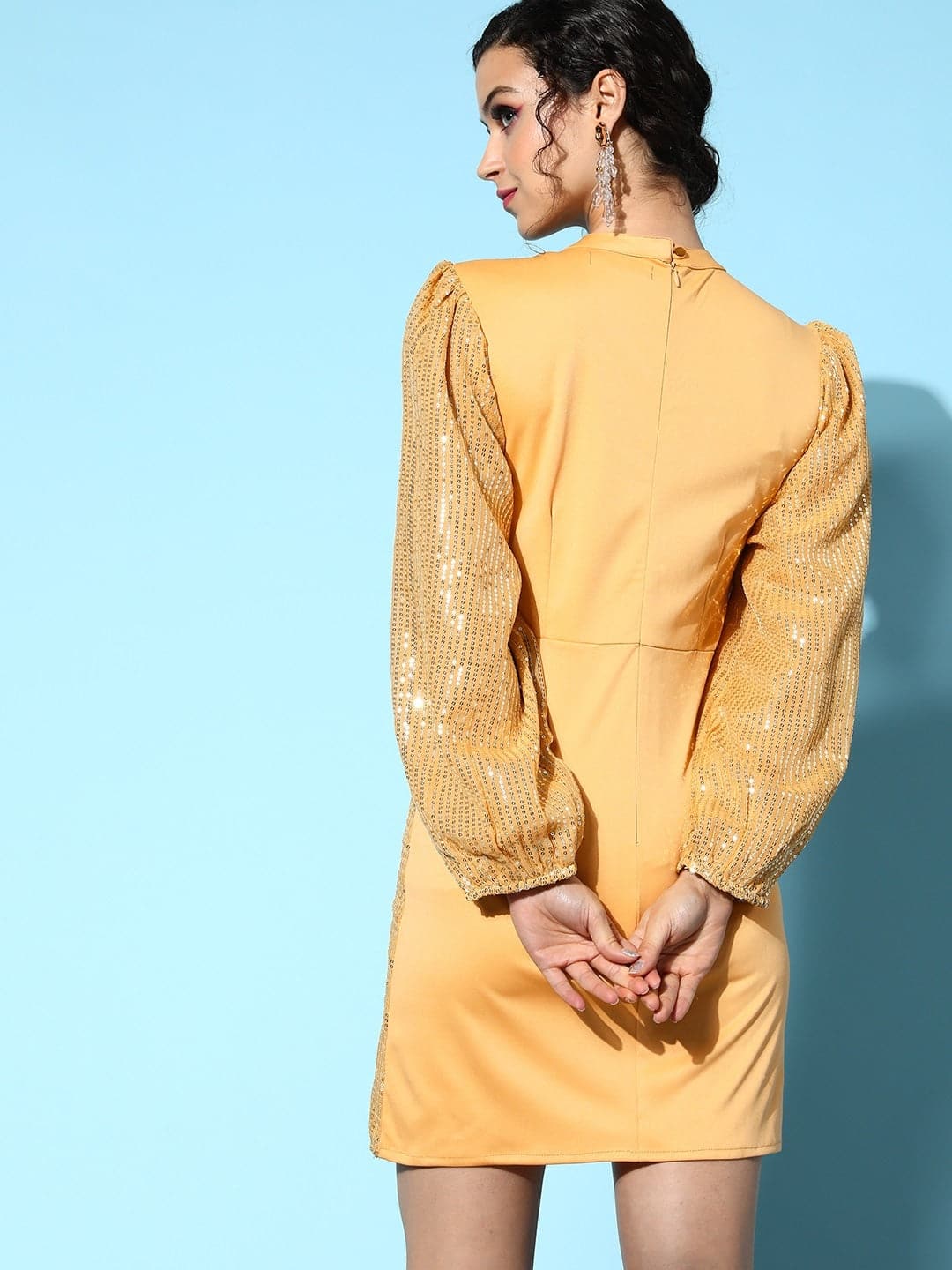 Women's Gold Sequin Puff Sleeves Bodycon Dress - Lyush