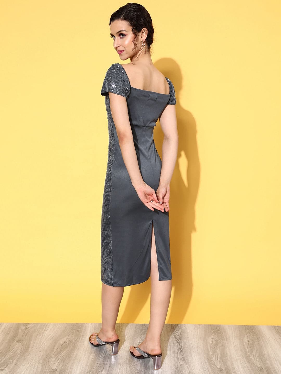 Women's Grey Sequin Off Shoulder Midi Dress - Lyush
