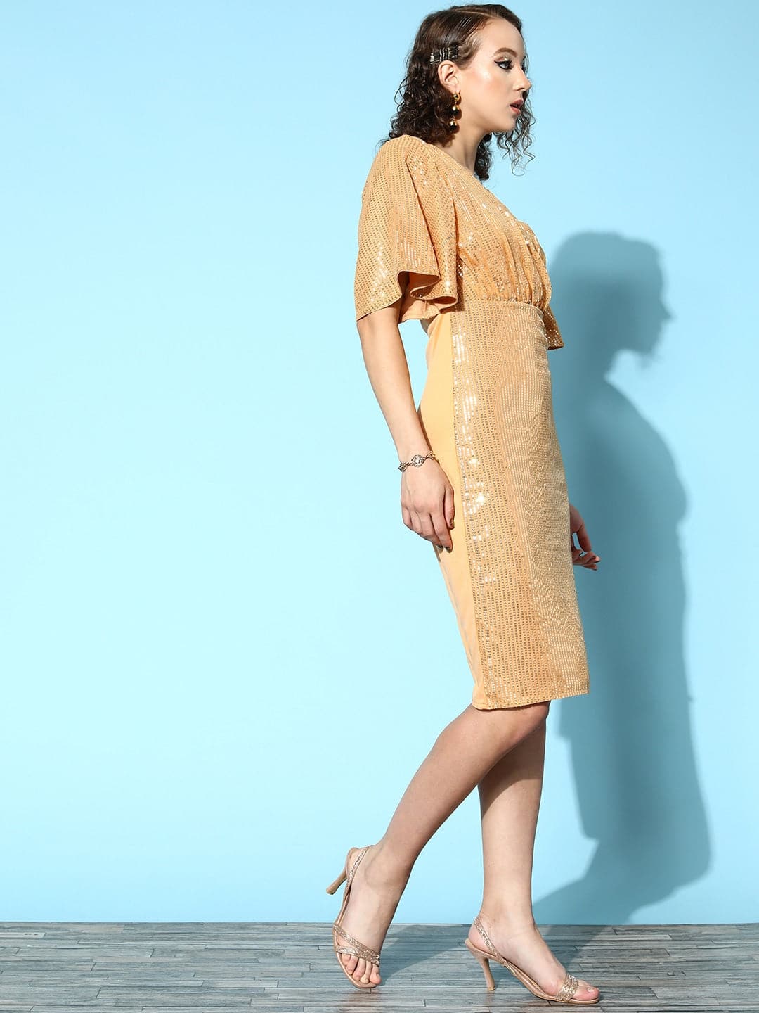 Women's Gold Sequin Wrap Front Midi Dress - Lyush