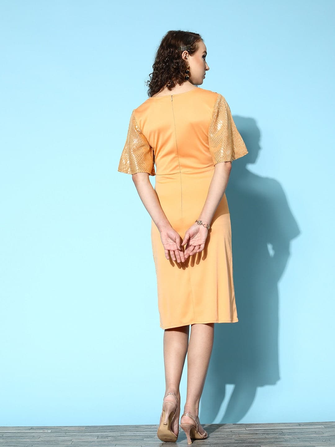 Women's Gold Sequin Wrap Front Midi Dress - Lyush
