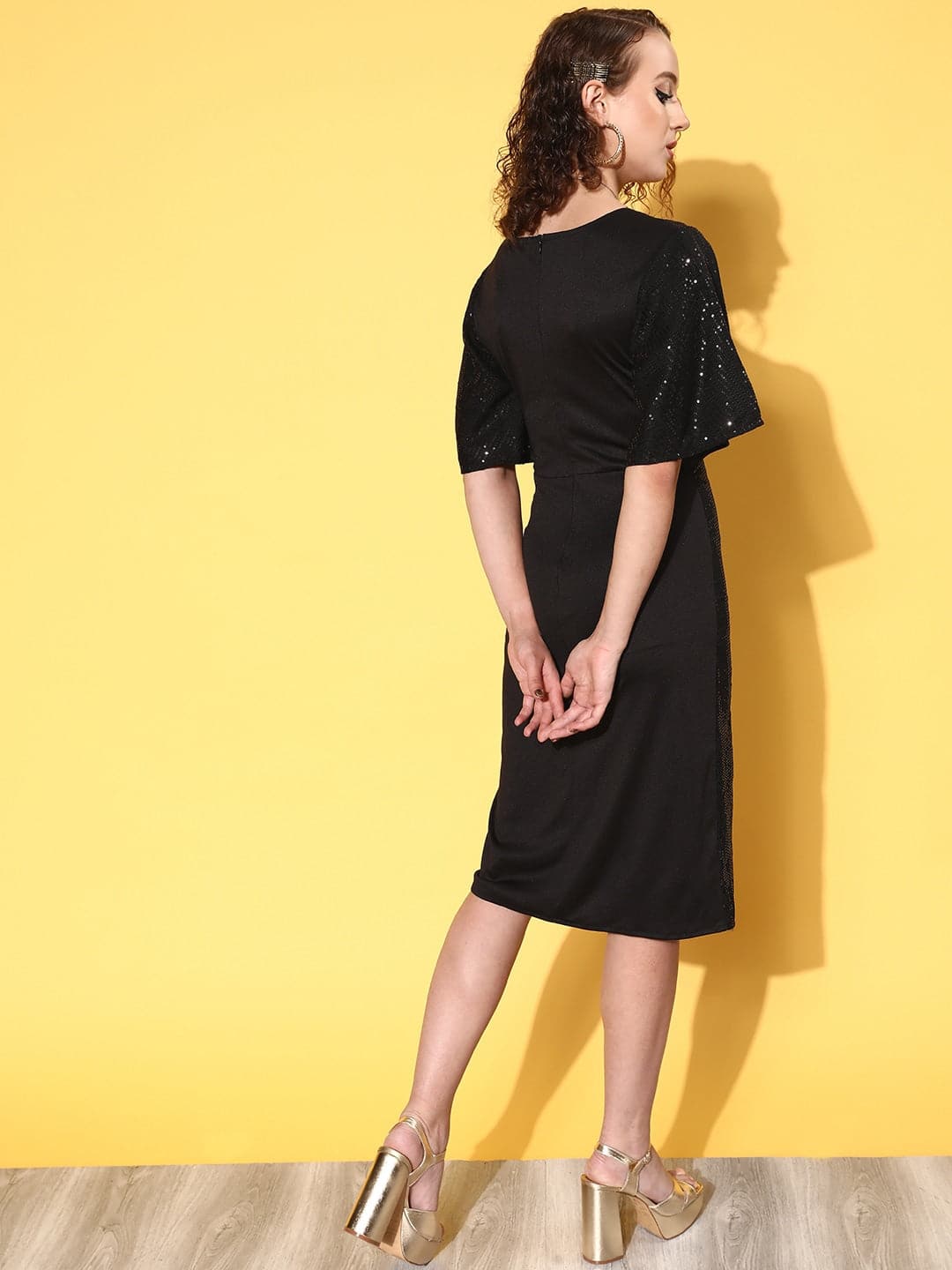 Women's Black Sequin Wrap Front Midi Dress - Lyush