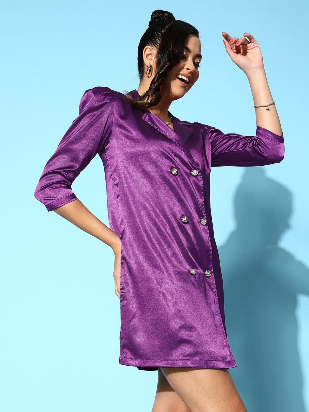 Women's Purple Lycra Satin Blazer Dress - Lyush