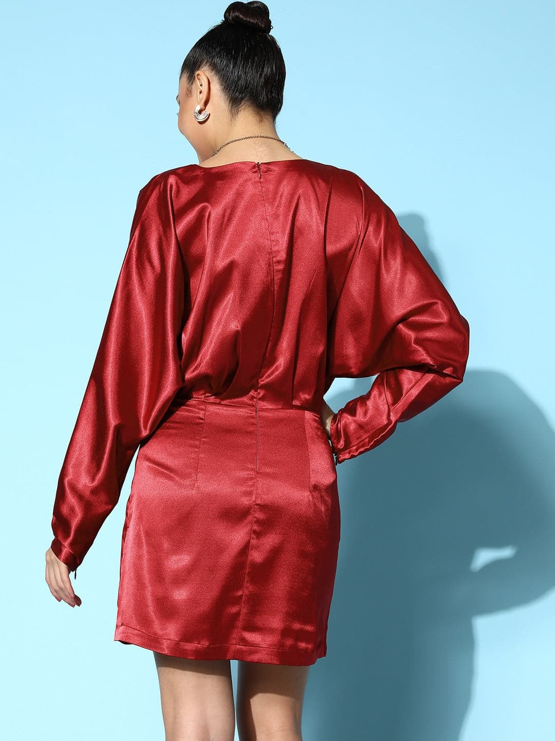 Women's Red Lycra Satin Kimono Sleeves Dress - Lyush