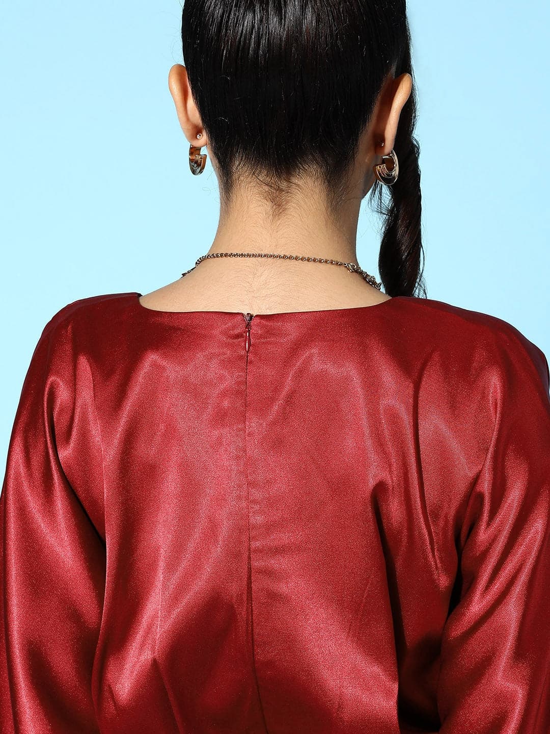 Women's Red Lycra Satin Kimono Sleeves Dress - Lyush