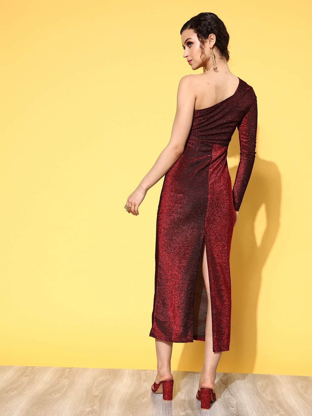 Women's Red Lurex Waist Cut-Out One Shoulder Midi Dress - Lyush