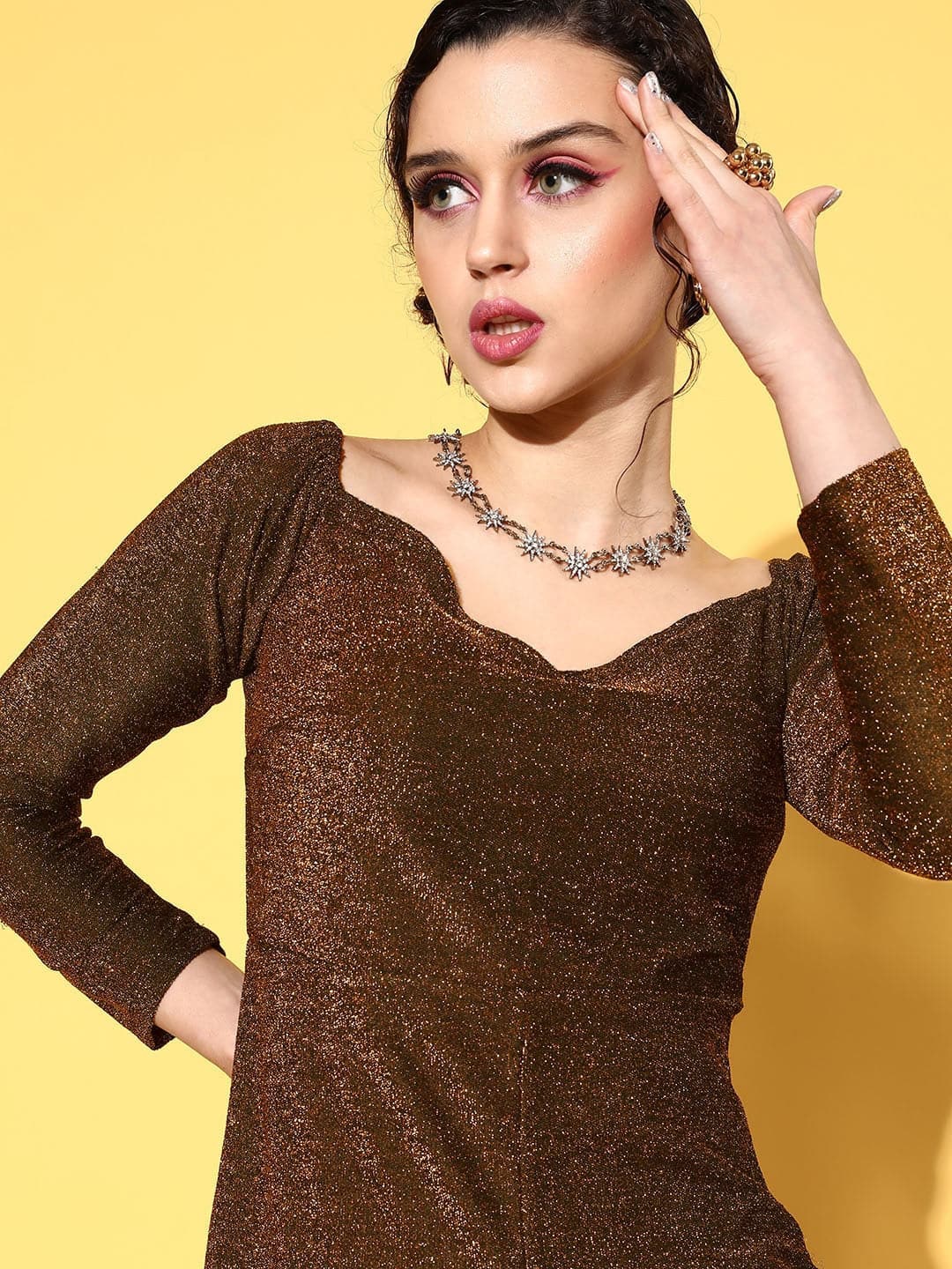Women's Gold Lurex Off Shoulder Midi Dress - Lyush
