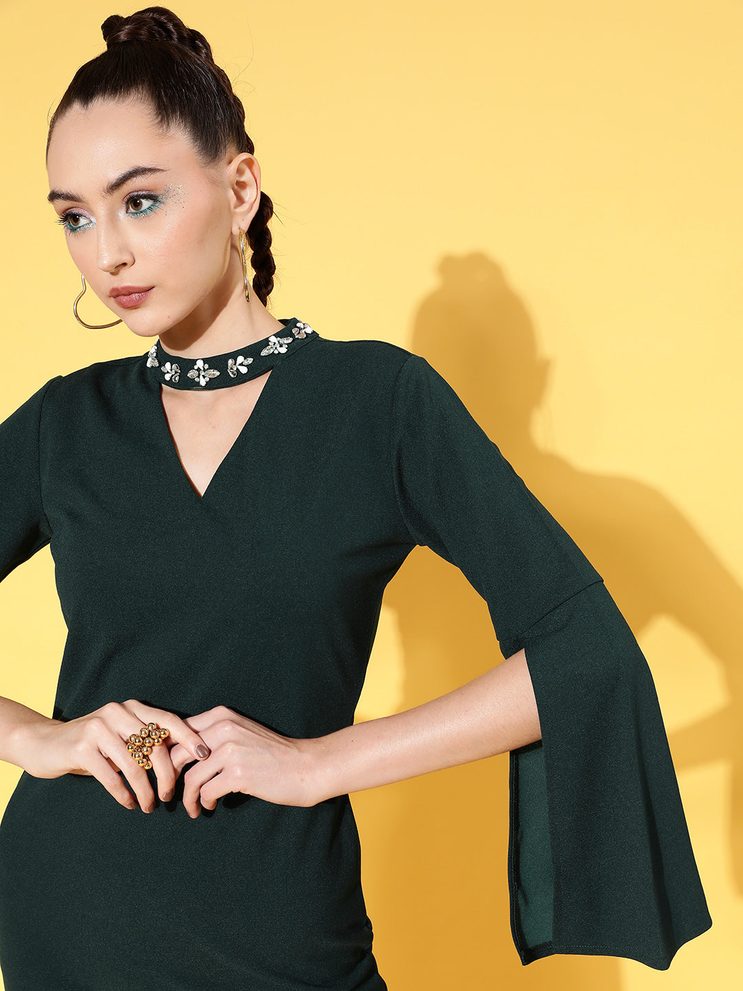 Women's Emerald Cotton Cape Sleeves Choker Shift Dress - Lyush