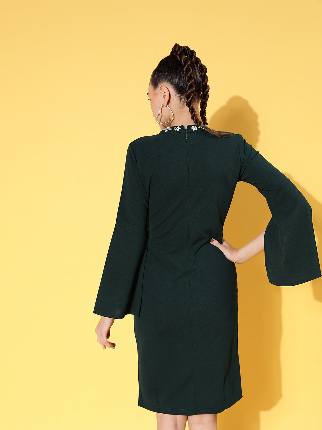 Women's Emerald Cotton Cape Sleeves Choker Shift Dress - Lyush
