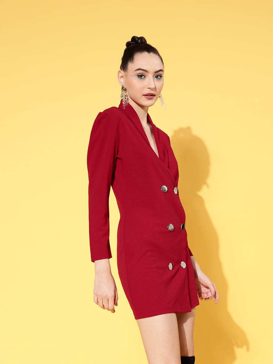 Women's Red Cotton Double Breasted Blazer Dress - Lyush