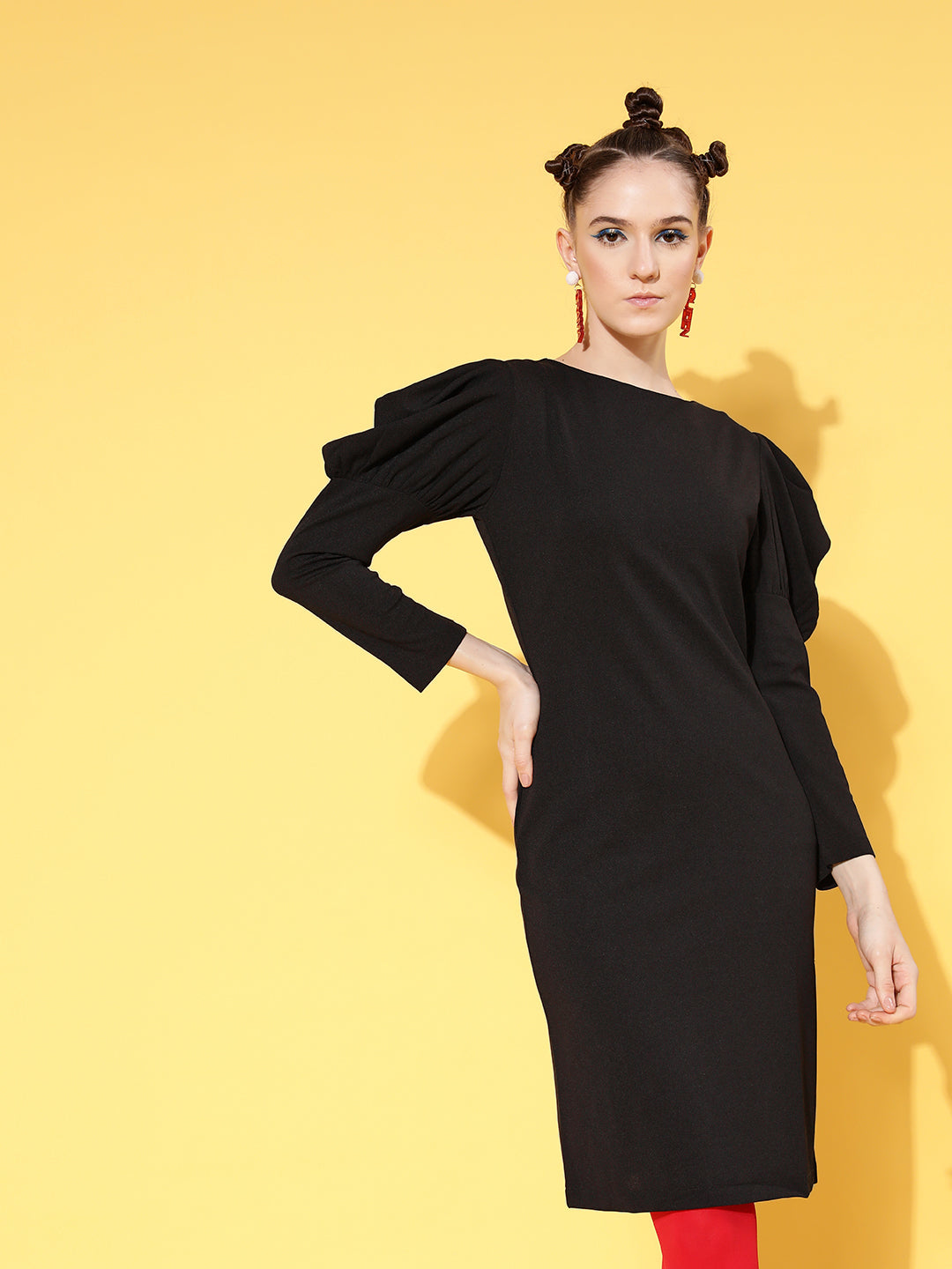 Women's Black Cotton Puff Sleeves Mini Bodycon Dress - Lyush