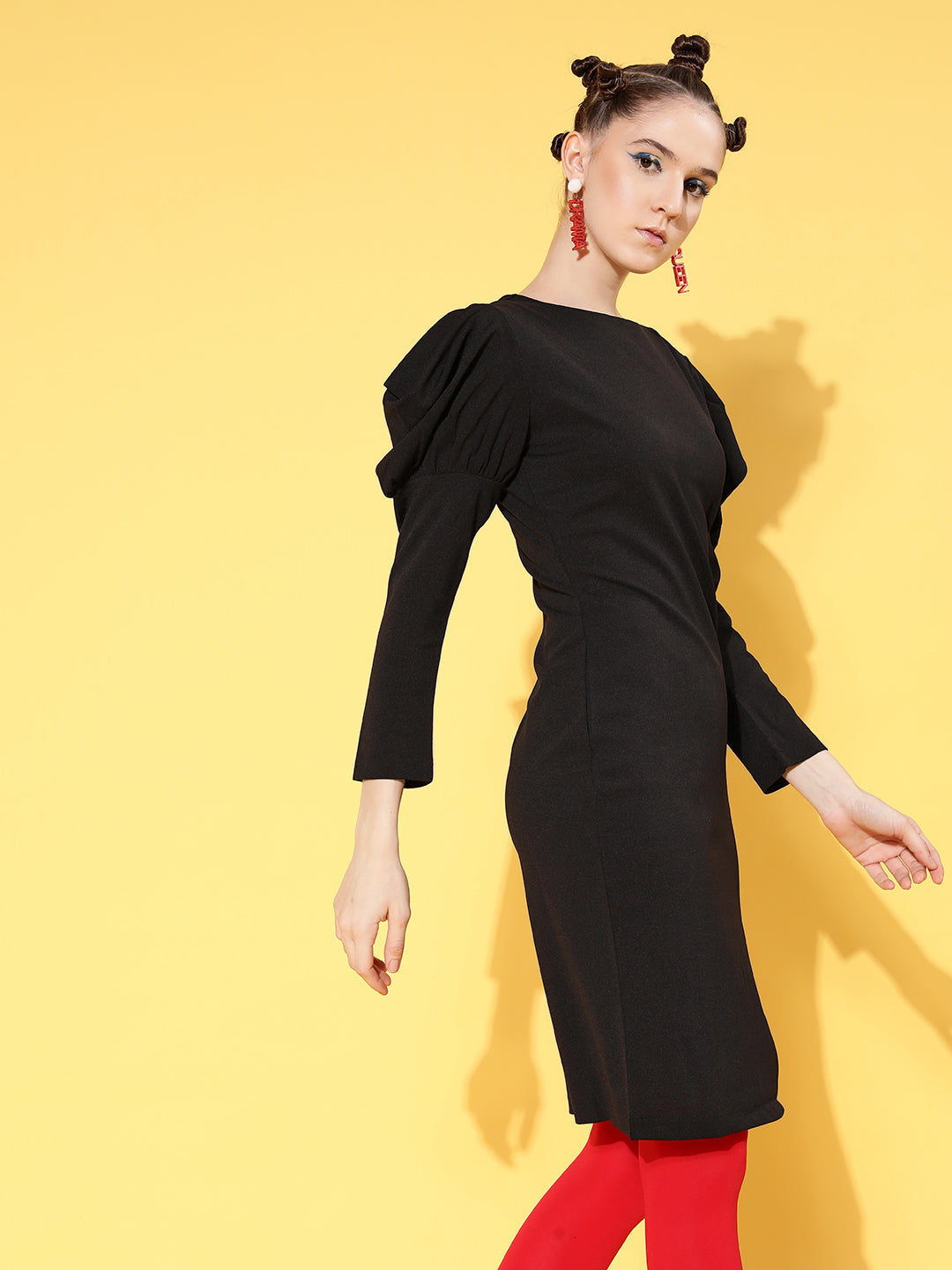 Women's Black Cotton Puff Sleeves Mini Bodycon Dress - Lyush