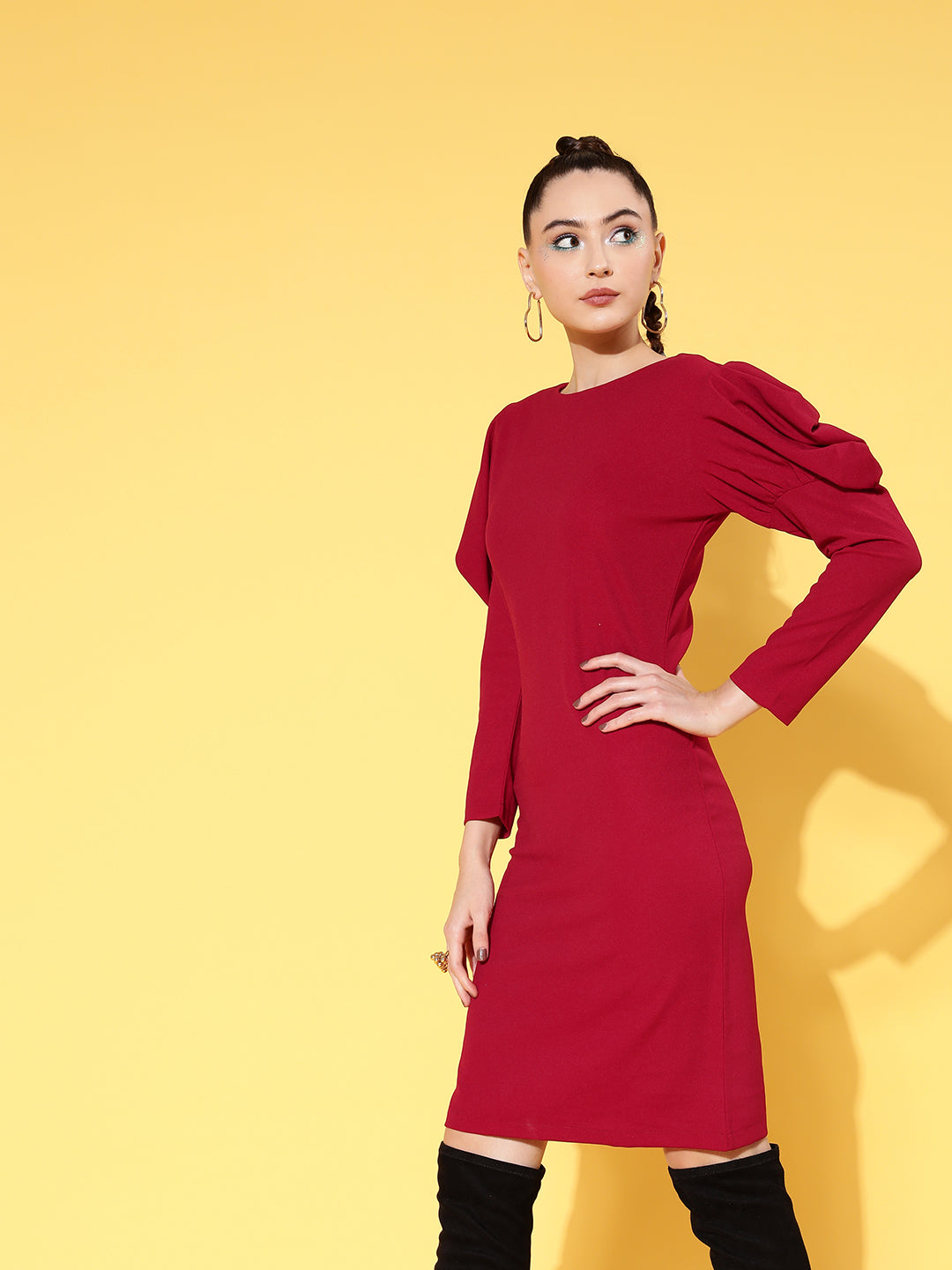 Women's Red Cotton Puff Sleeves Mini Bodycon Dress - Lyush