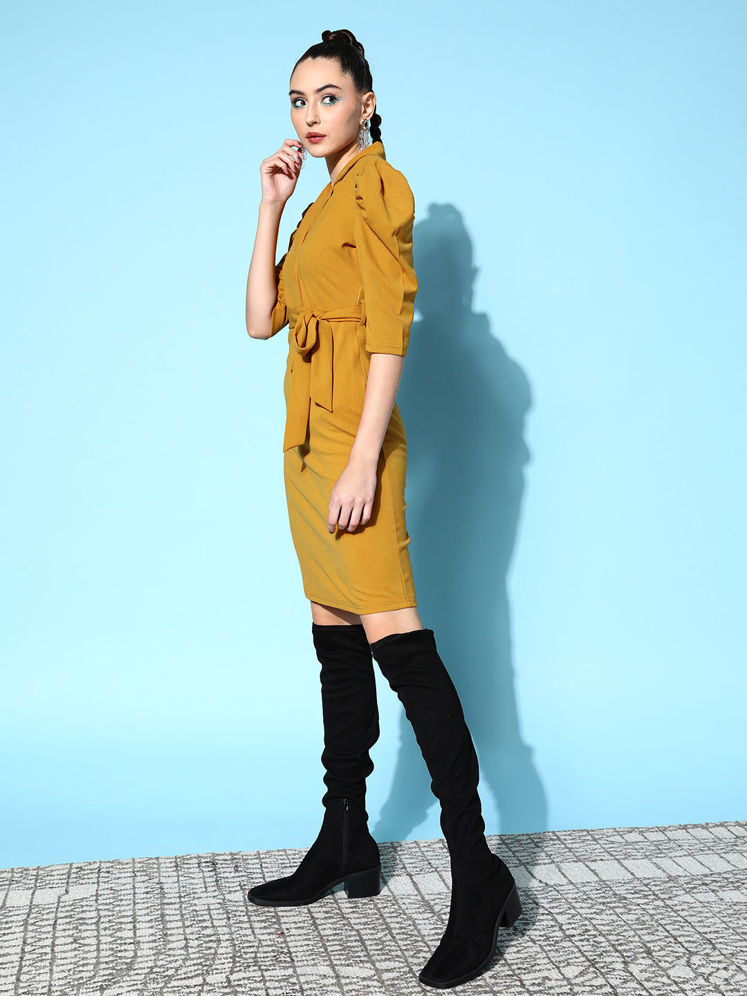 Women's Mustard Cotton Wrap Midi Bodycon Dress - Lyush